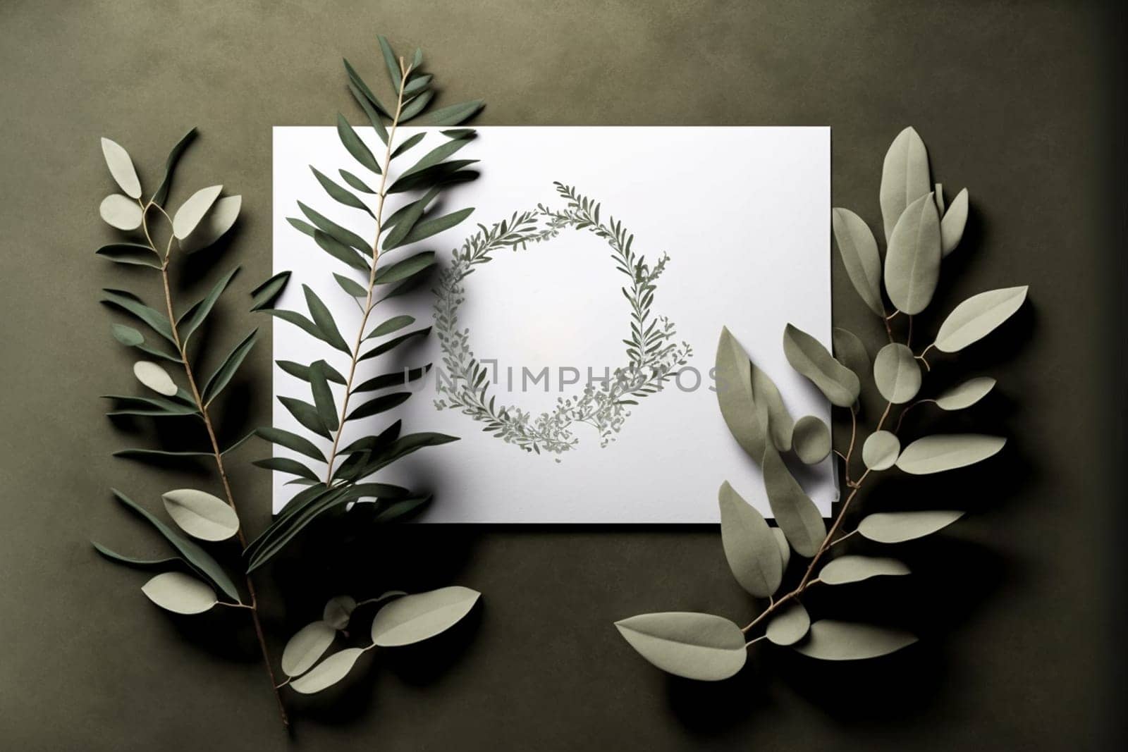 Blank paper sheet card with mockup copy space on sage leaves, flat lay, top view.