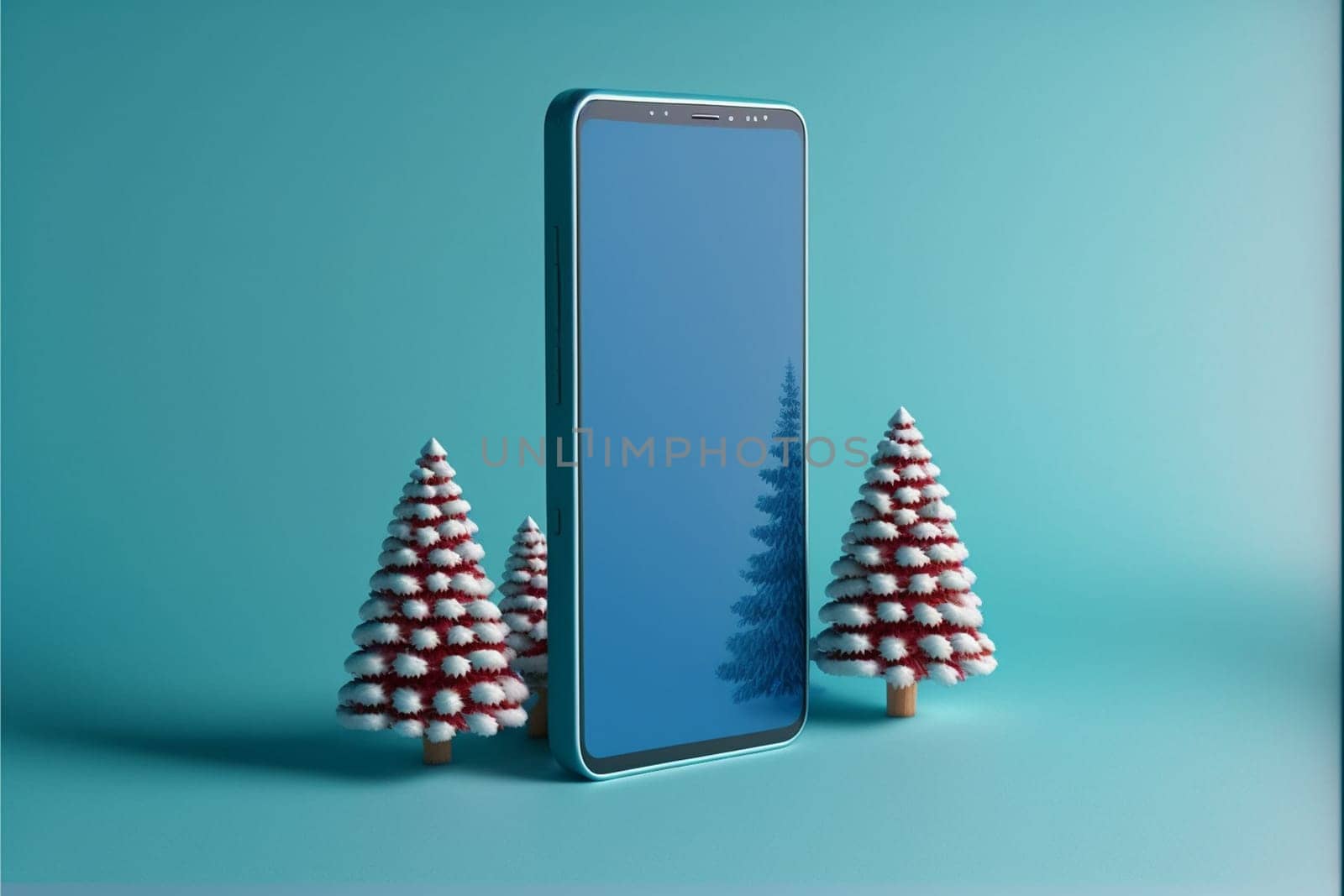 Christmas trees and smartphone, social media, marketing, advertising, online shopping concept