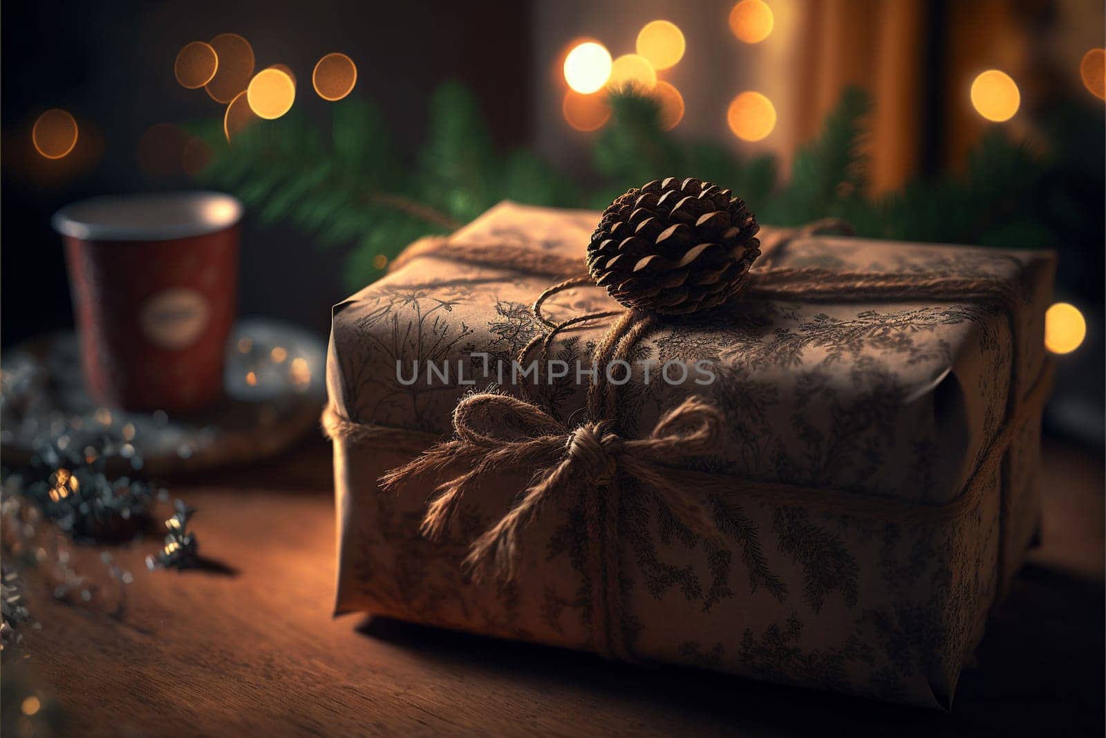 Abstract Holiday Background - Christmas Gift With Ornament And Defocused Lights