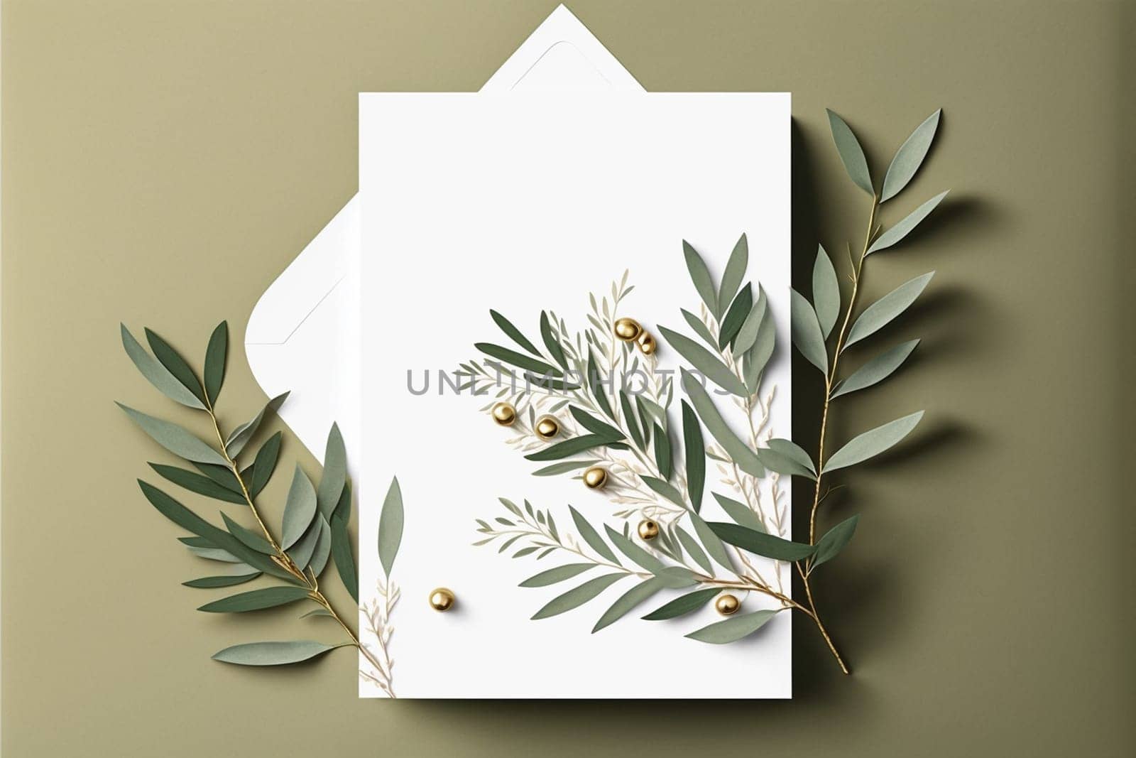 Blank paper sheet card with mockup copy space on olive leaves, flat lay, top view.