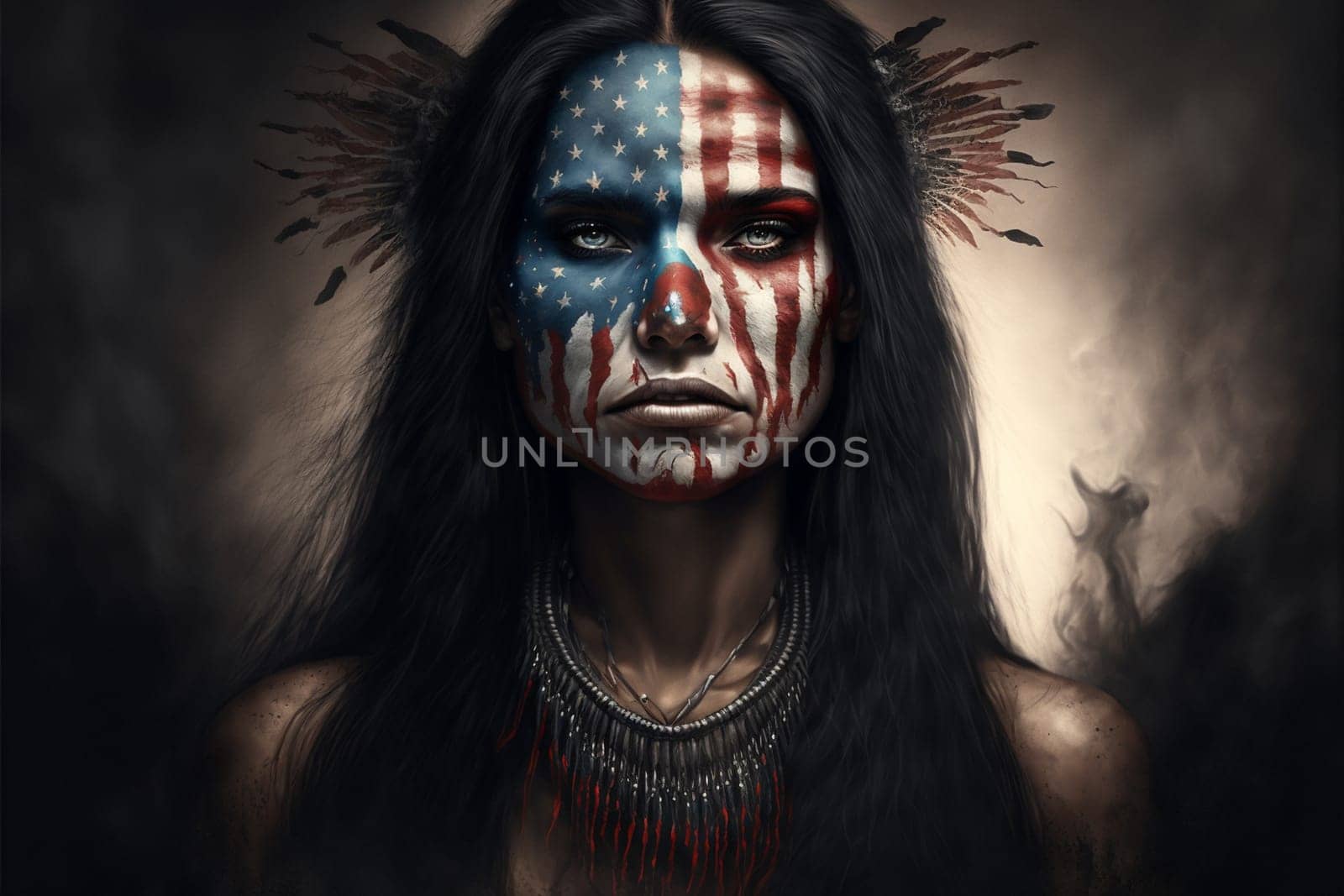 Portrait of a woman with the flag of the USA painted on her face.