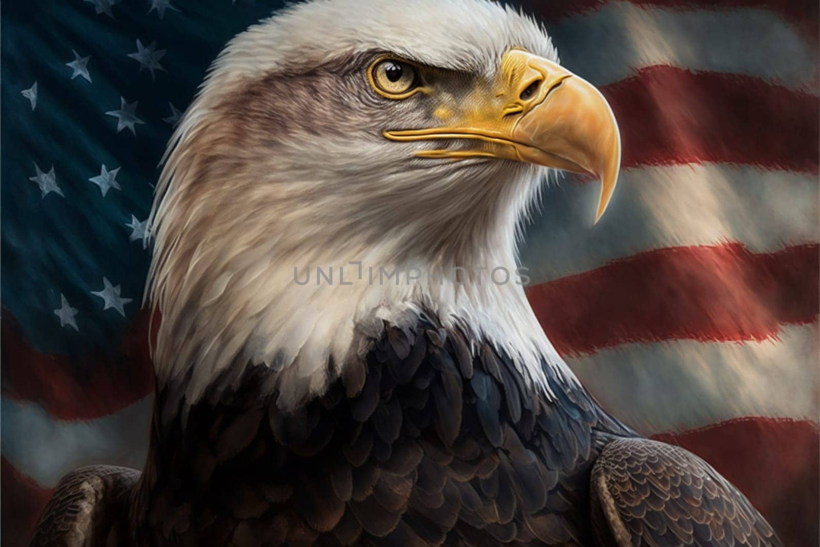 Patriotic eagle flying in front of US flag. United States of America patriotic symbols.