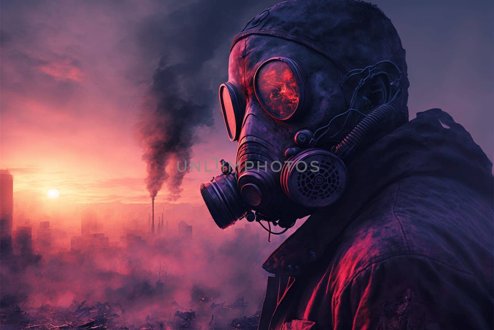 Man in a gas mask shrouded in smoke, walking in a dangerous radioactive zone. Post-Apocalypse, nuclear war, environmental disaster concept.3D illustration