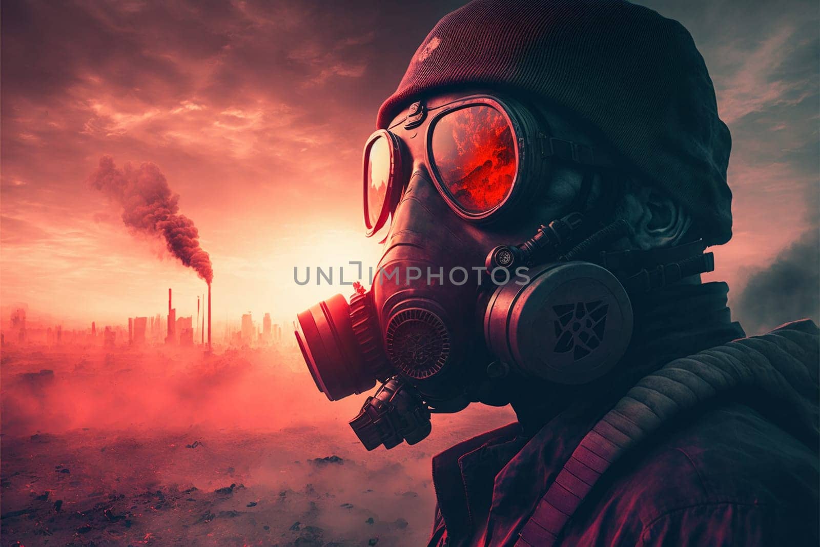 Man in a gas mask shrouded in smoke, walking in a dangerous radioactive zone. Post-Apocalypse, nuclear war, environmental disaster concept.3D illustration