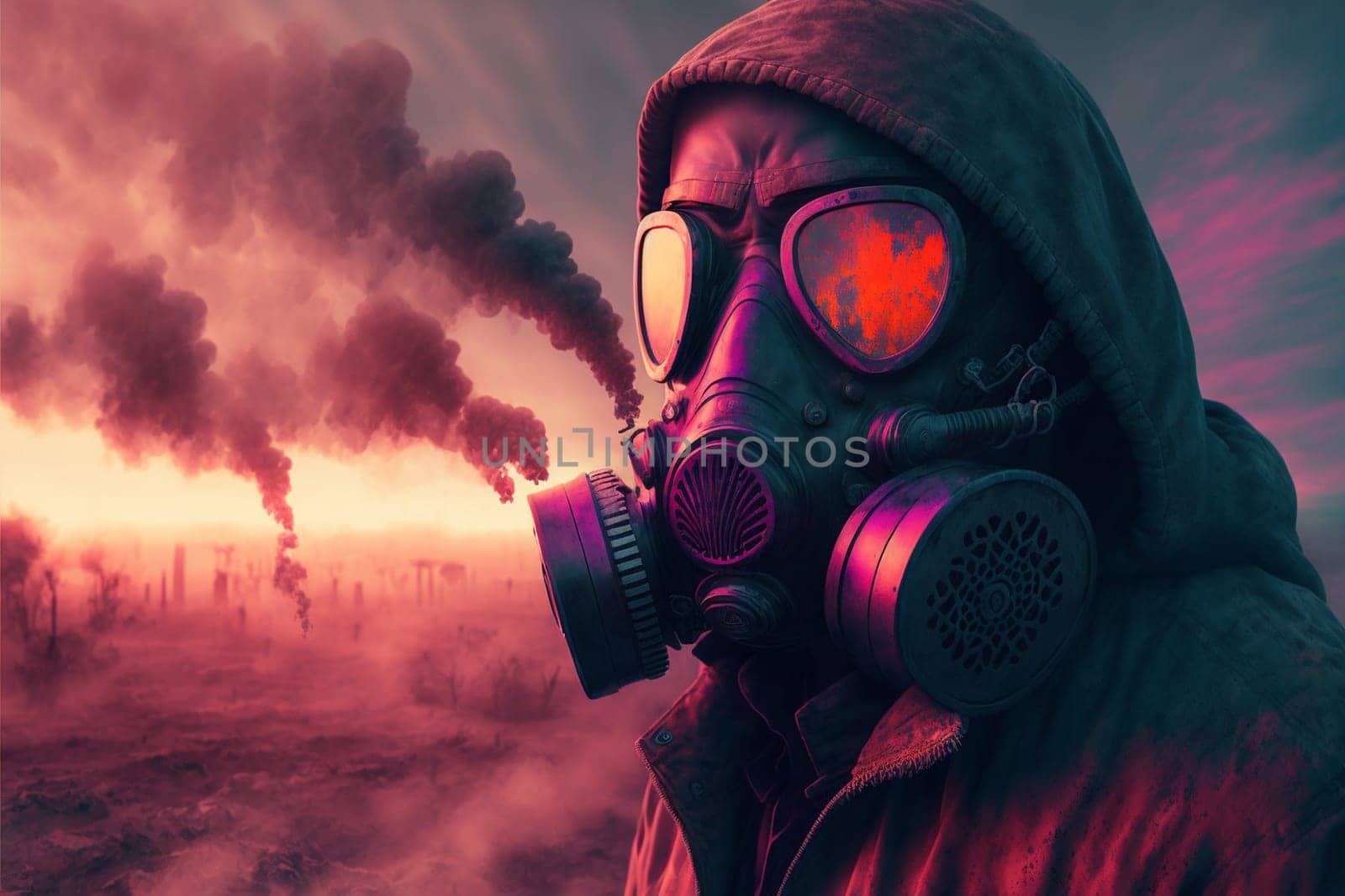 Man in a gas mask shrouded in smoke, walking in a dangerous radioactive zone. Post-Apocalypse, nuclear war, environmental disaster concept.3D illustration