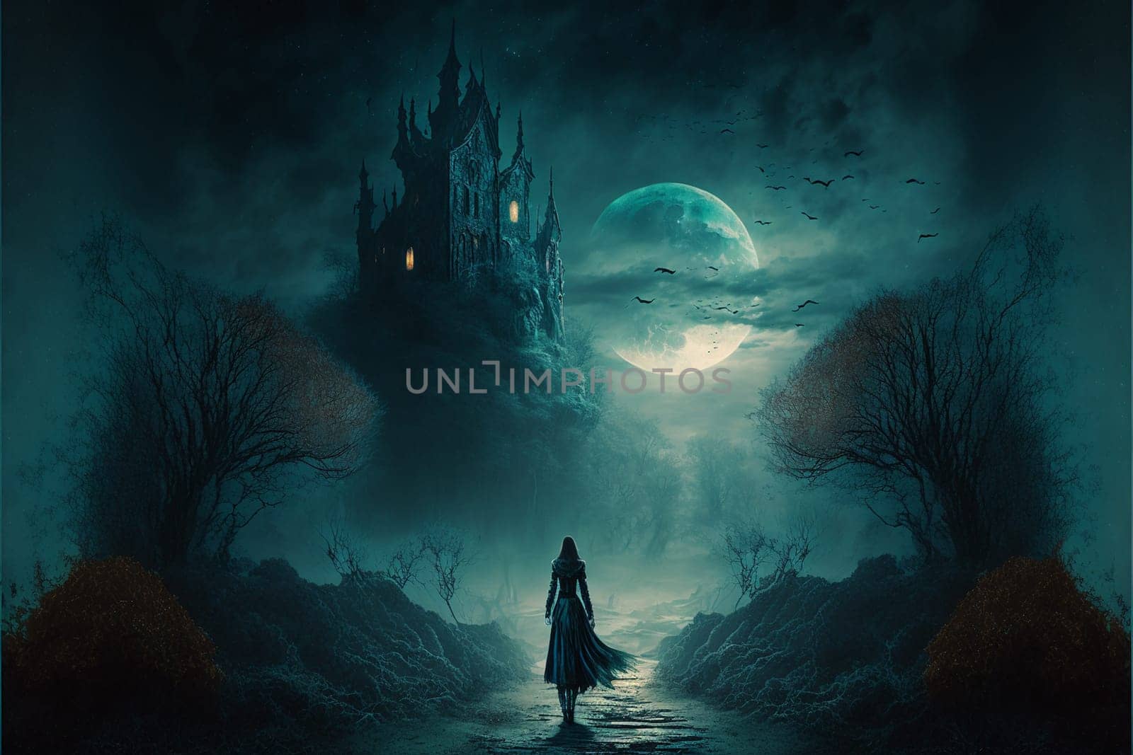 3D rendering of a ghost woman and haunted, fantasy castle in spooky Halloween night