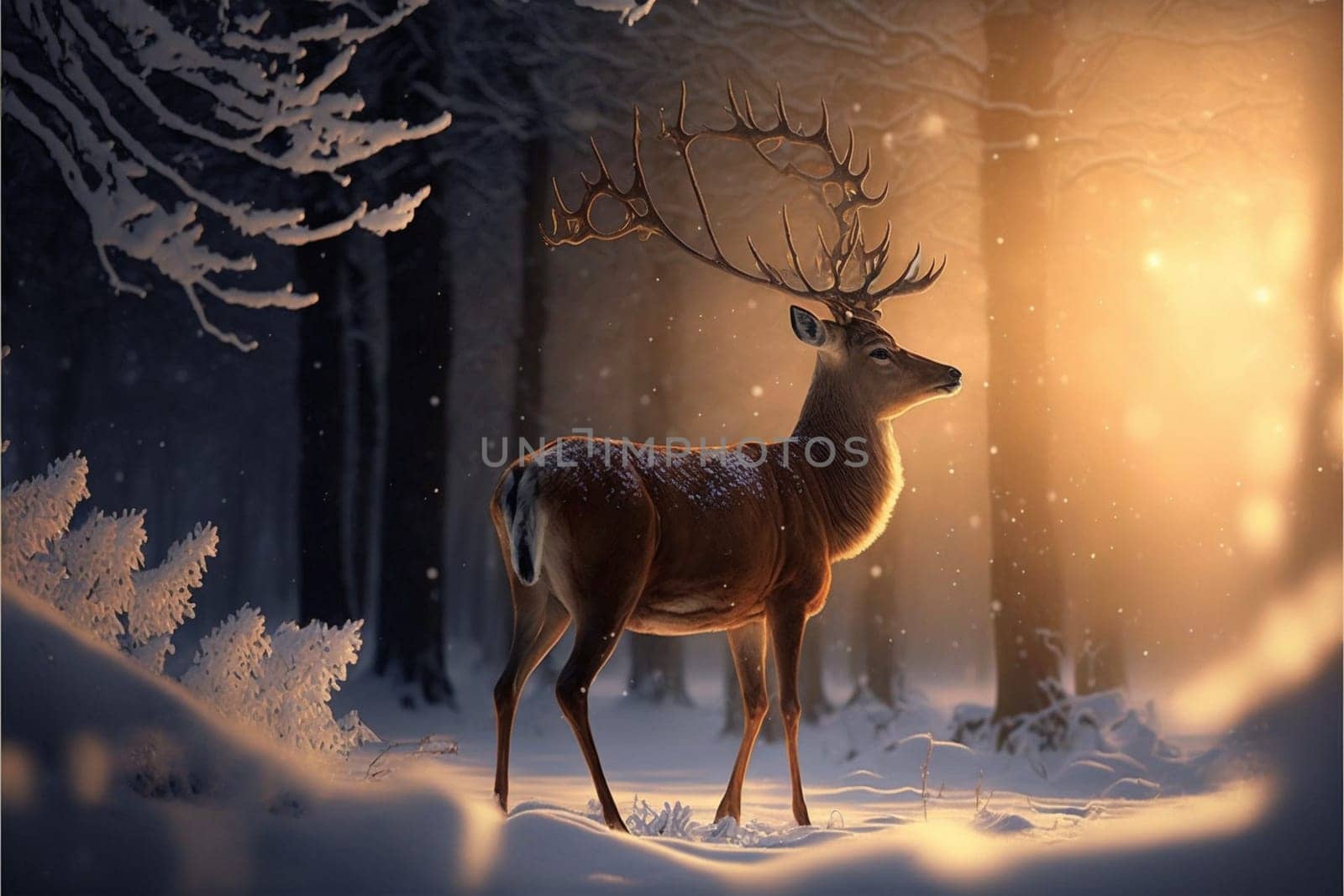 Fantasy wonderful wnter landscape with deer in the snow