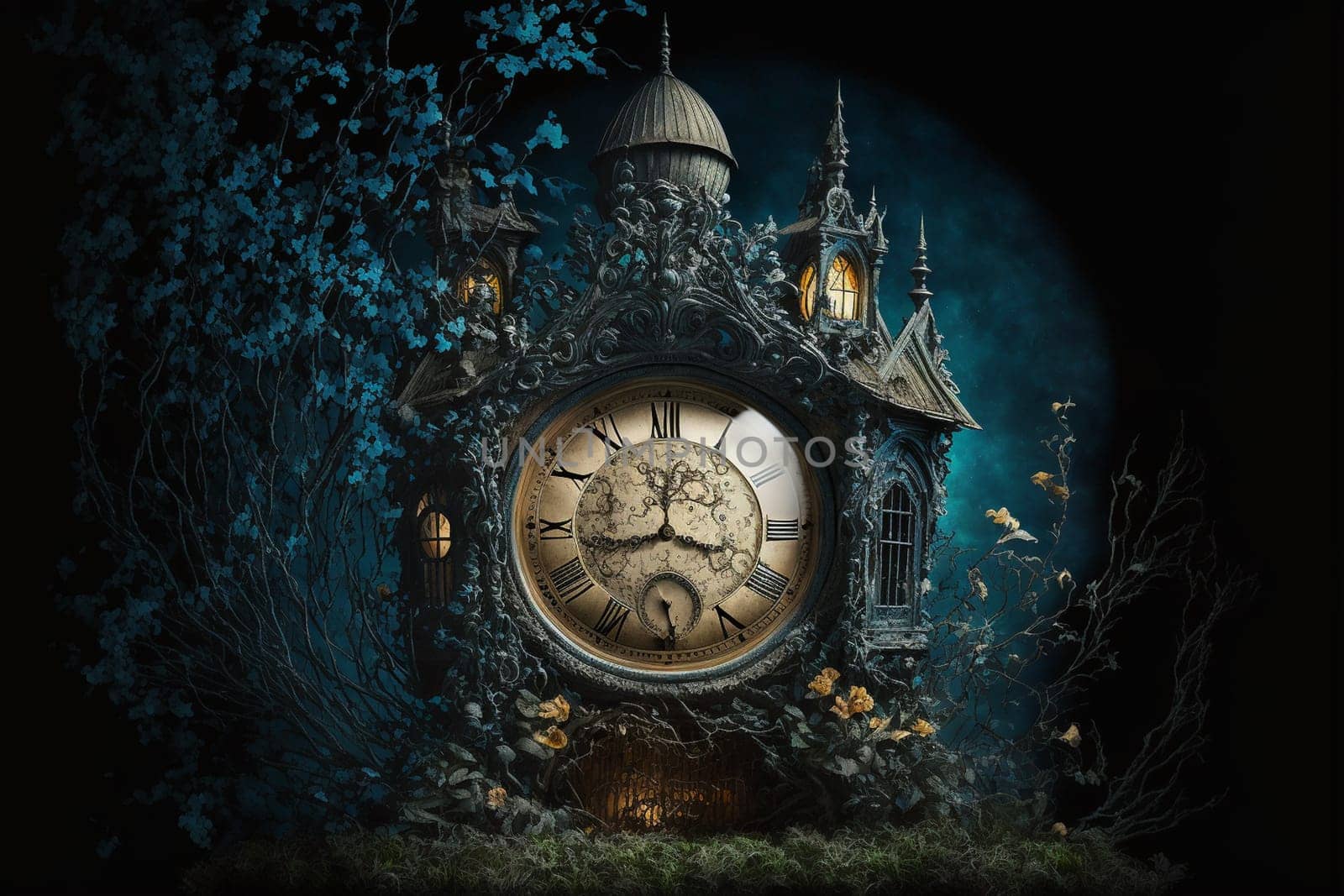 Vintage clock in fairy tale ambiance. Lost time concept