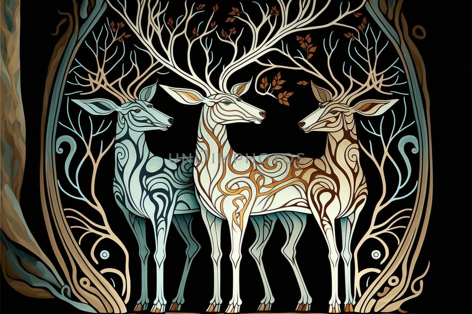 Art nouveau background with reindeers