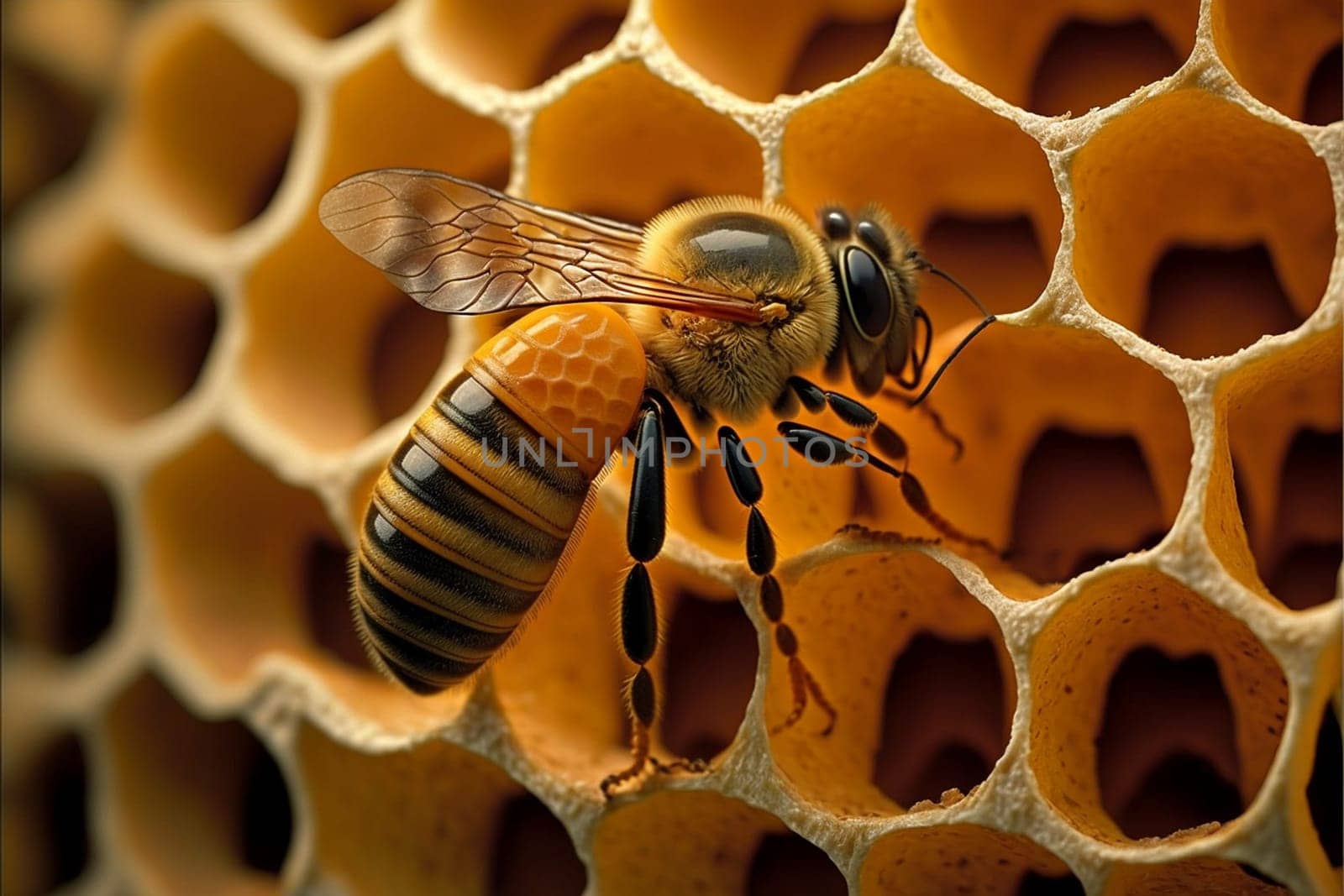 Close up on a honeycomb with bee