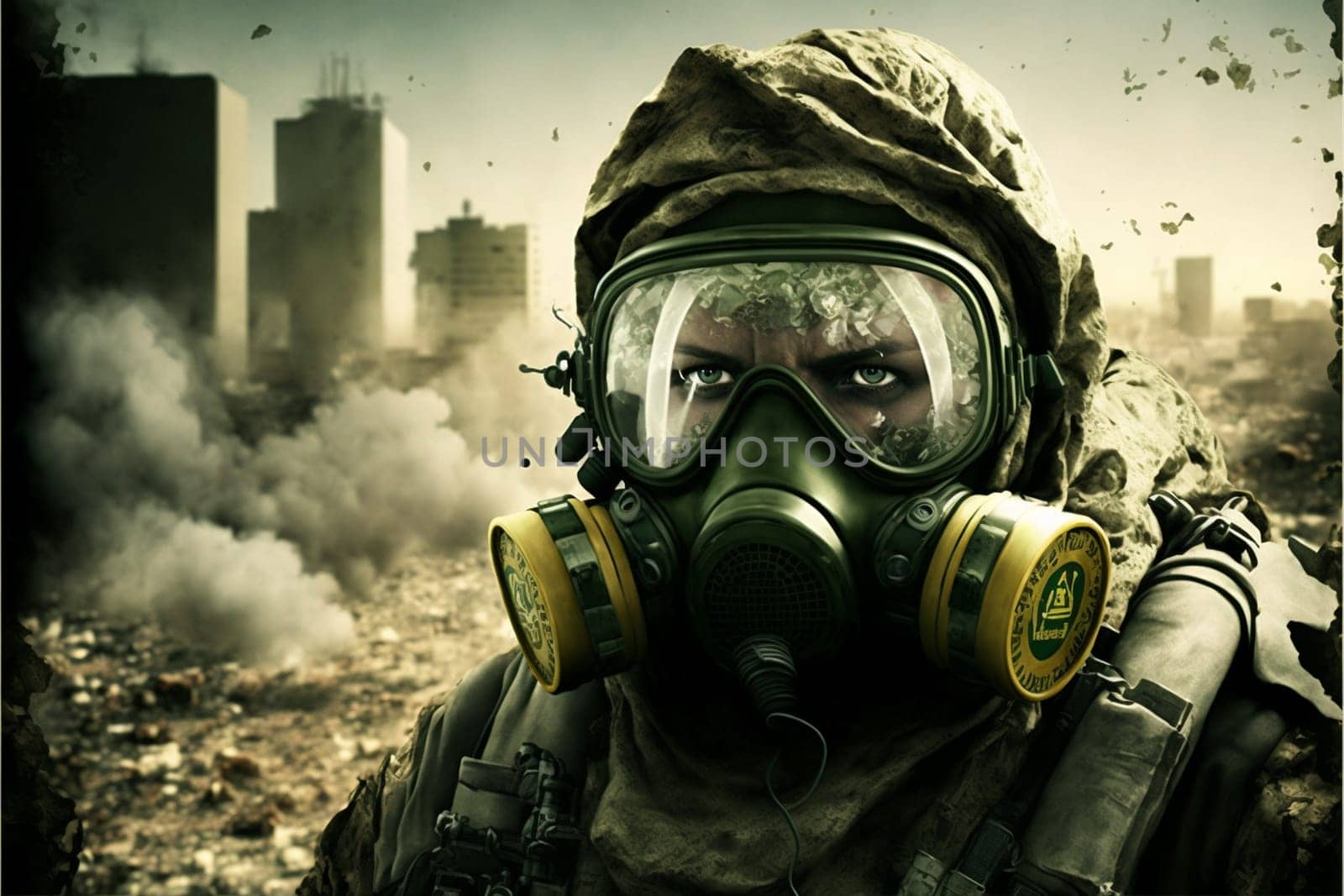 Man in a gas mask shrouded in smoke, walking in a dangerous radioactive zone. Post-Apocalypse, nuclear war, environmental disaster concept.3D illustration