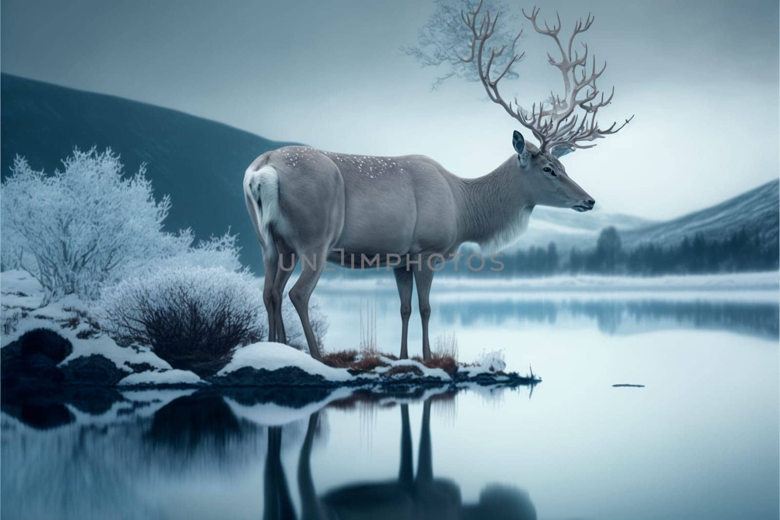 Fantasy wonderful wnter landscape with deer in the snow