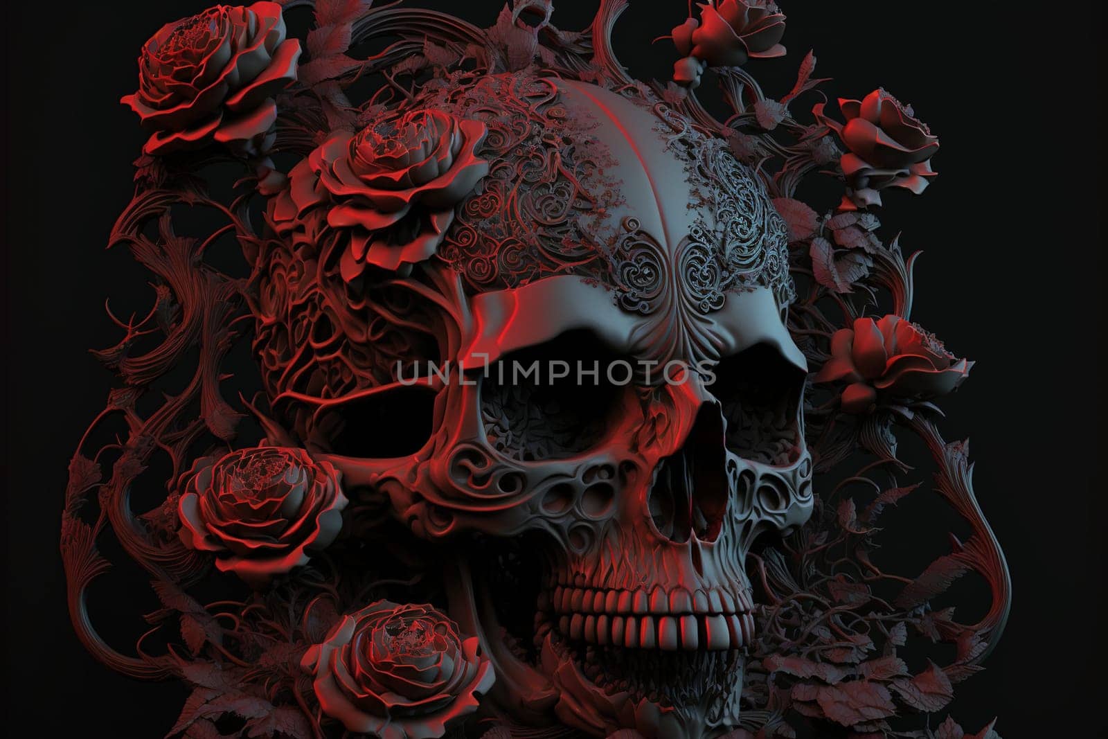 Skull with red roses. Halloween background.