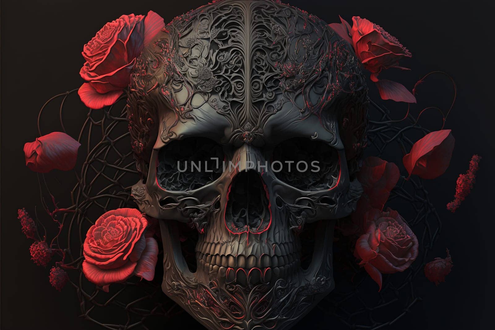 Skull with red roses. Halloween background.