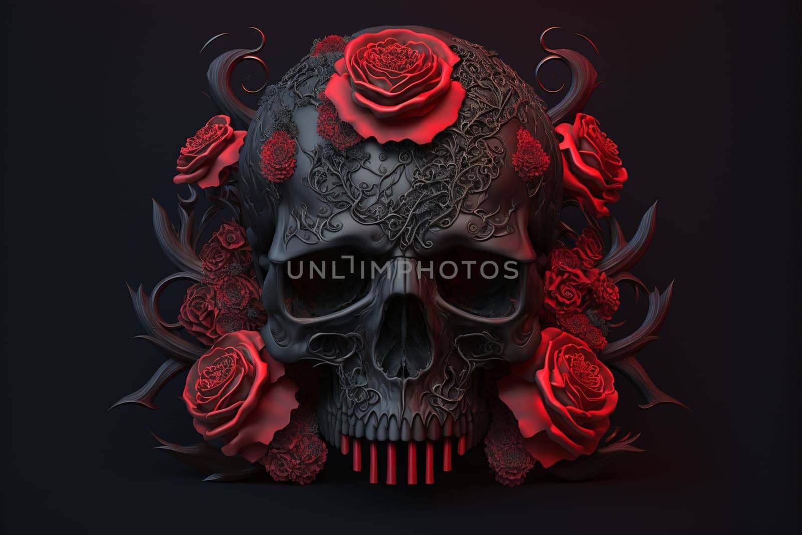 Skull with red roses. Halloween background.