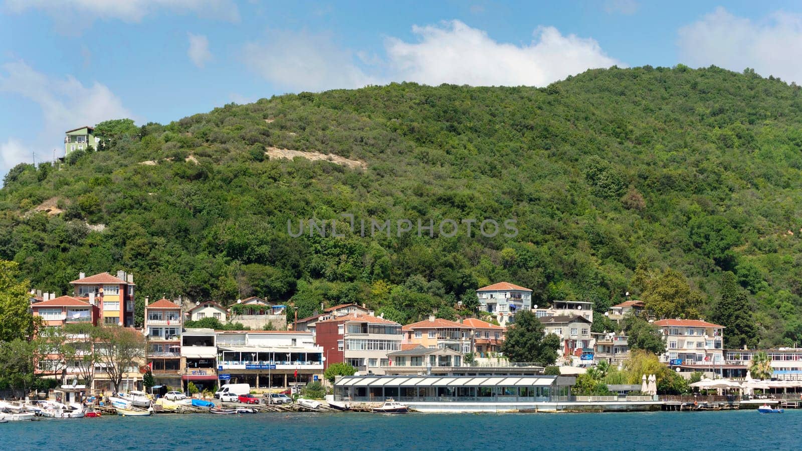 View from the sea of the green mountains of the Europian side of Bosphorus strait, with docked boats, traditional houses and dense trees in a summer day, Istanbul, Turkey