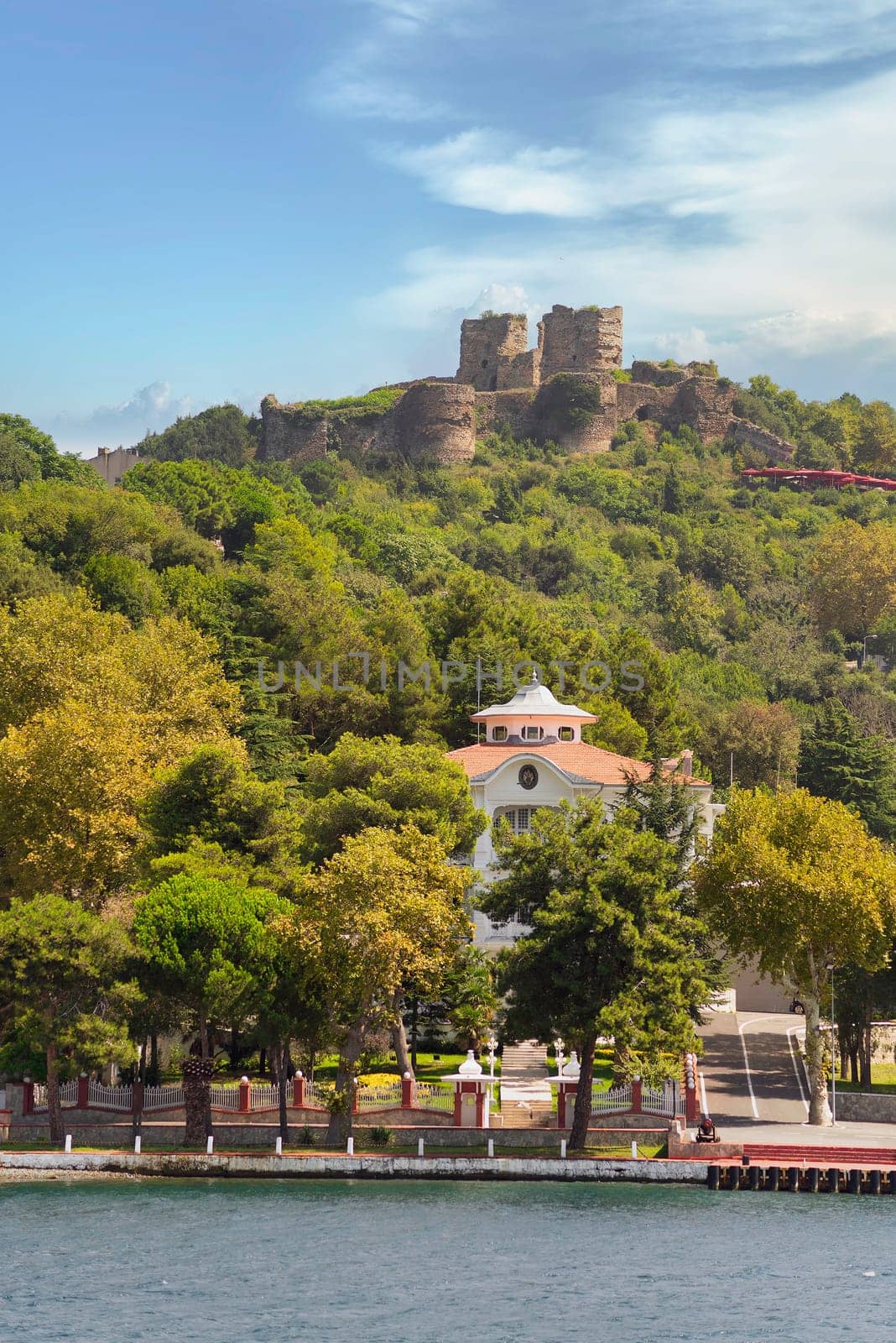 Green mountains of Bosphorus Strait at Anadolu Kavagi, with ruins of Yoros Castle, Yoros Kalesi, or Genoese Castle, at the far end, an ancient Byzantine castle at the confluence, Istanbul, Turkey
