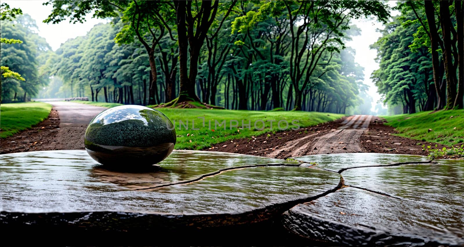 Spherical stone on a wet platform in a tropical forest with a stream. Generative AI.