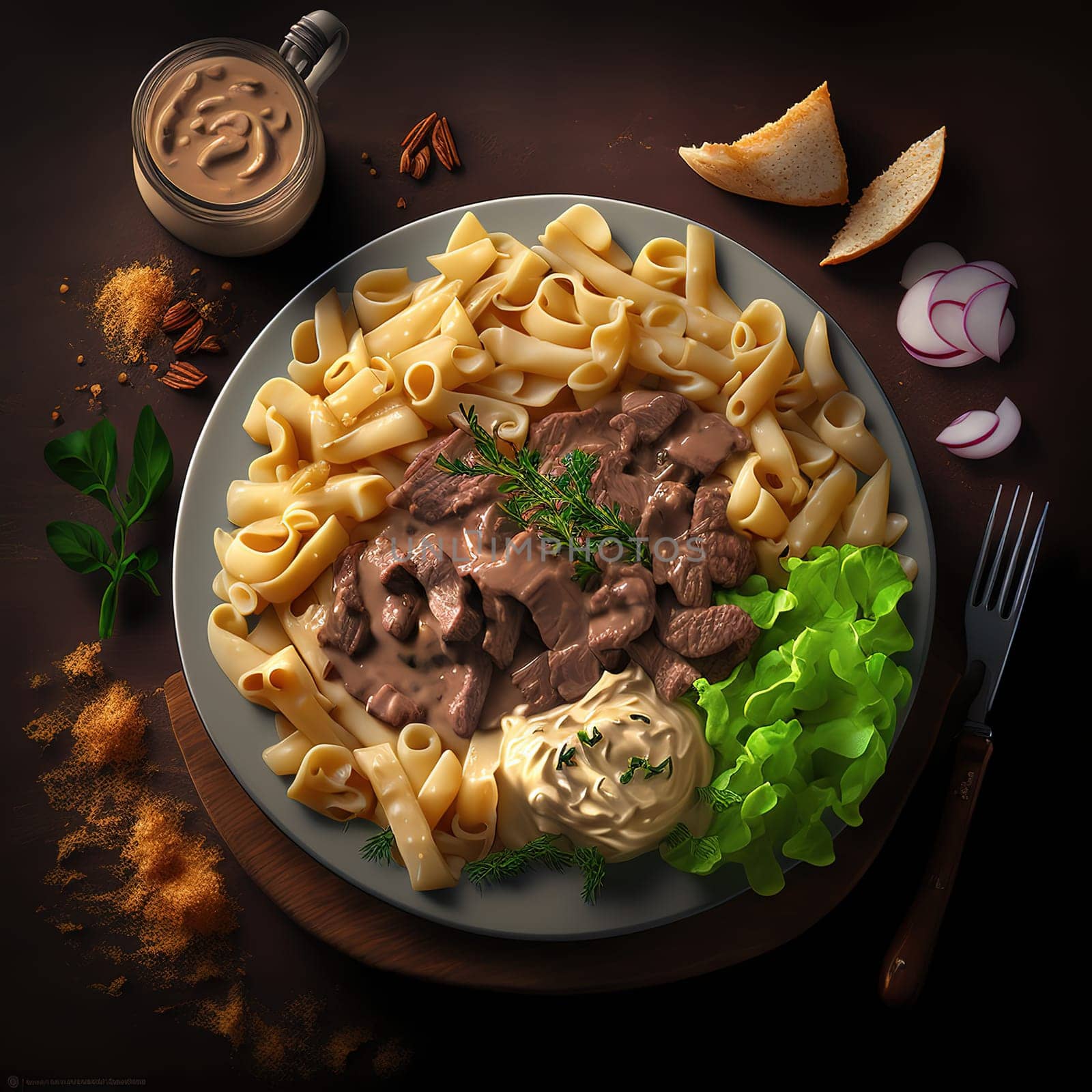 The painting depicts a traditional Argentinian asado, a popular dish made of beef, served with potato, salad, and onion. The image is generated with the use of an AI.