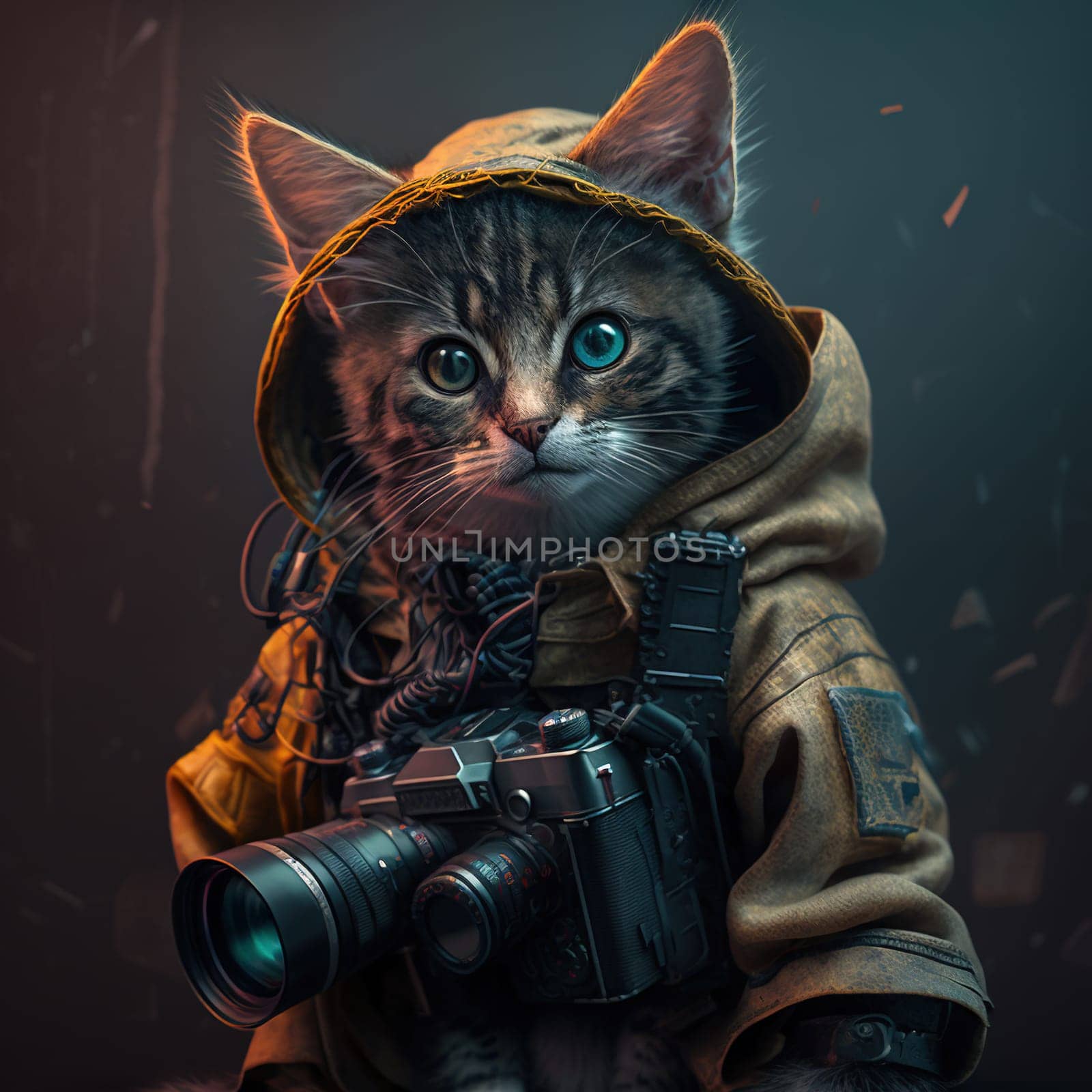 A cyberpunk-inspired painting depicting a kitten photographer capturing a shot of another feline in a neon-lit city. The image is rendered in a stylized, futuristic aesthetic, with an emphasis on bold colors and sharp lines.
