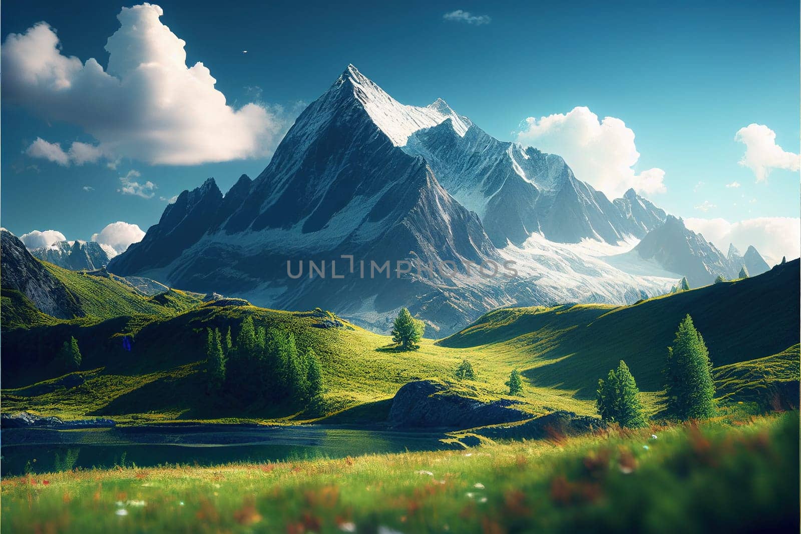 A breathtaking painting of a magnificent mountain in all its natural splendor. Surrounded by lush green fields, the mountain stands tall against a picturesque sky, the perfect embodiment of a European landscape.