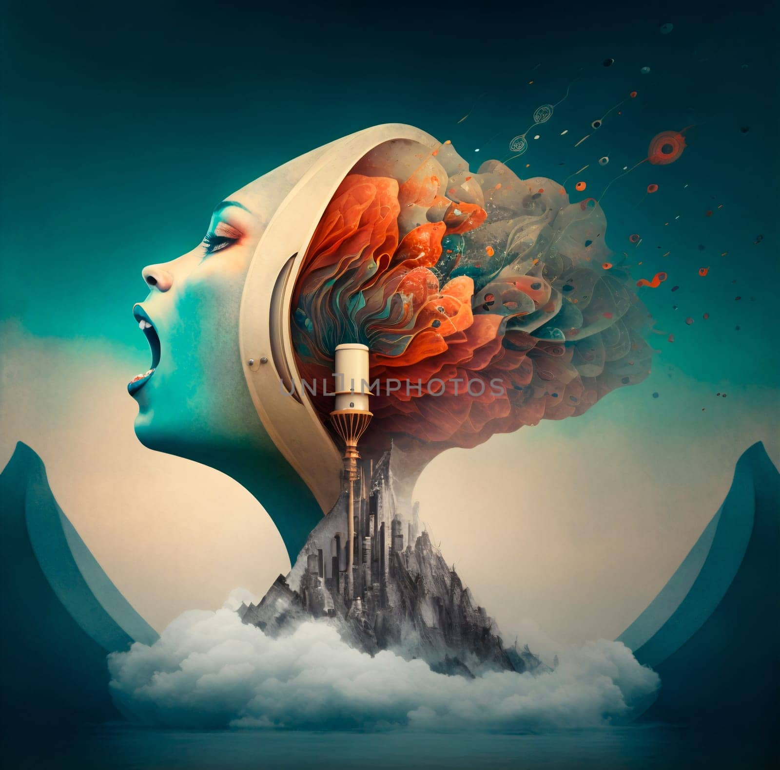 The painting is a visualization of a surrealist pilgrimage, where the background is an unexpected and mysterious space, and at the center of the painting is a figure with a rising voice, which represents a metaphor for spiritual enlightenment and the search for truth.
