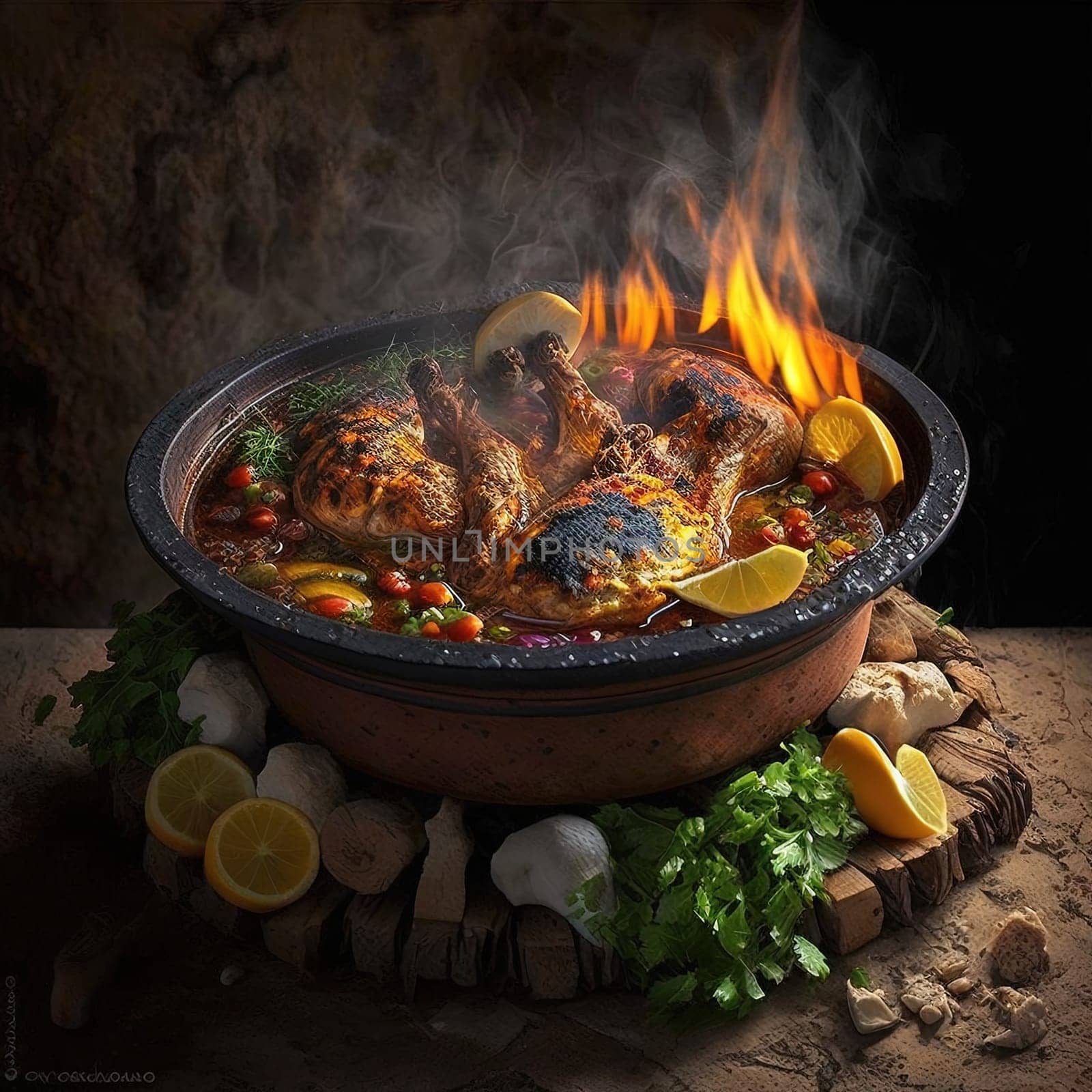 This flavorful piece captures the essence of the most popular dish in Algeria, Taboula, a beef or chicken dish cooked over an open fire with traditional spices and lemon. The painting showcases the vibrant colors, flavors, and textures of this traditional dish. The composition is a true reflection of the local cuisine.