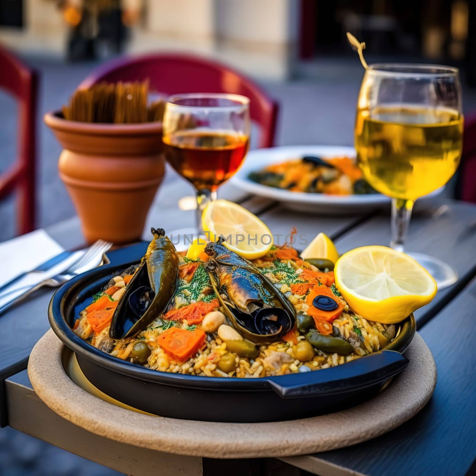 A beautiful photograph of the classic Spanish dish Paella, filled with seafood and vegetables, taken in a street cafe. The image captures the vibrant colors, textures, and flavors of the traditional dish, making it appetizing to look at. The photograph showcases the simplicity and authenticity of Paella, and its popularity in Spain and around the world.