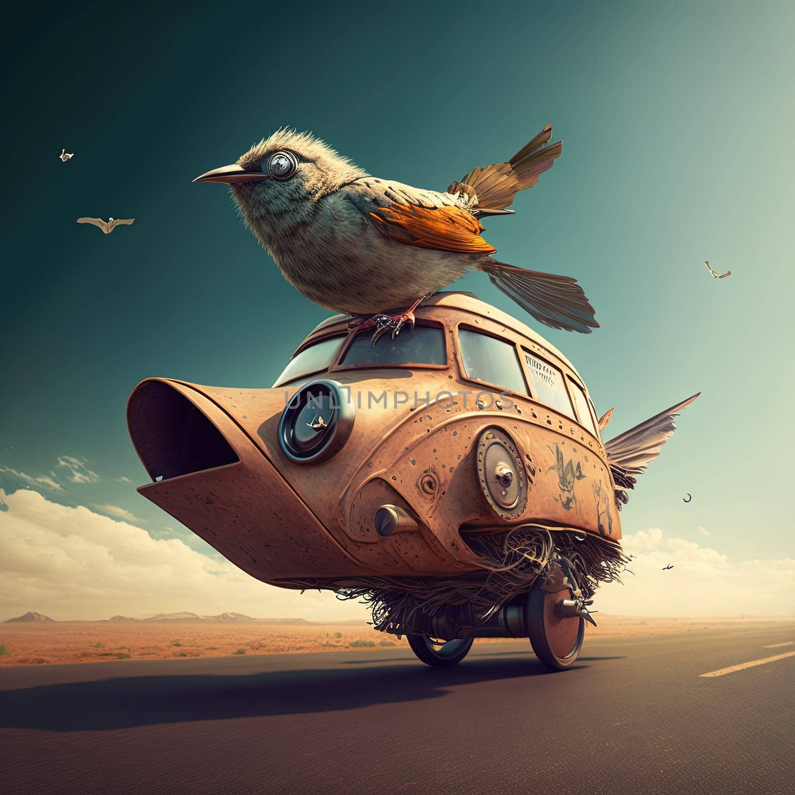 A unique painting that depicts a flying car in the shape of a bird. The car appears to be soaring through the air, its wings spread wide and its sleek, futuristic design on full display. The image showcases the fusion of nature and technology, and the possibilities of transportation in the future.
