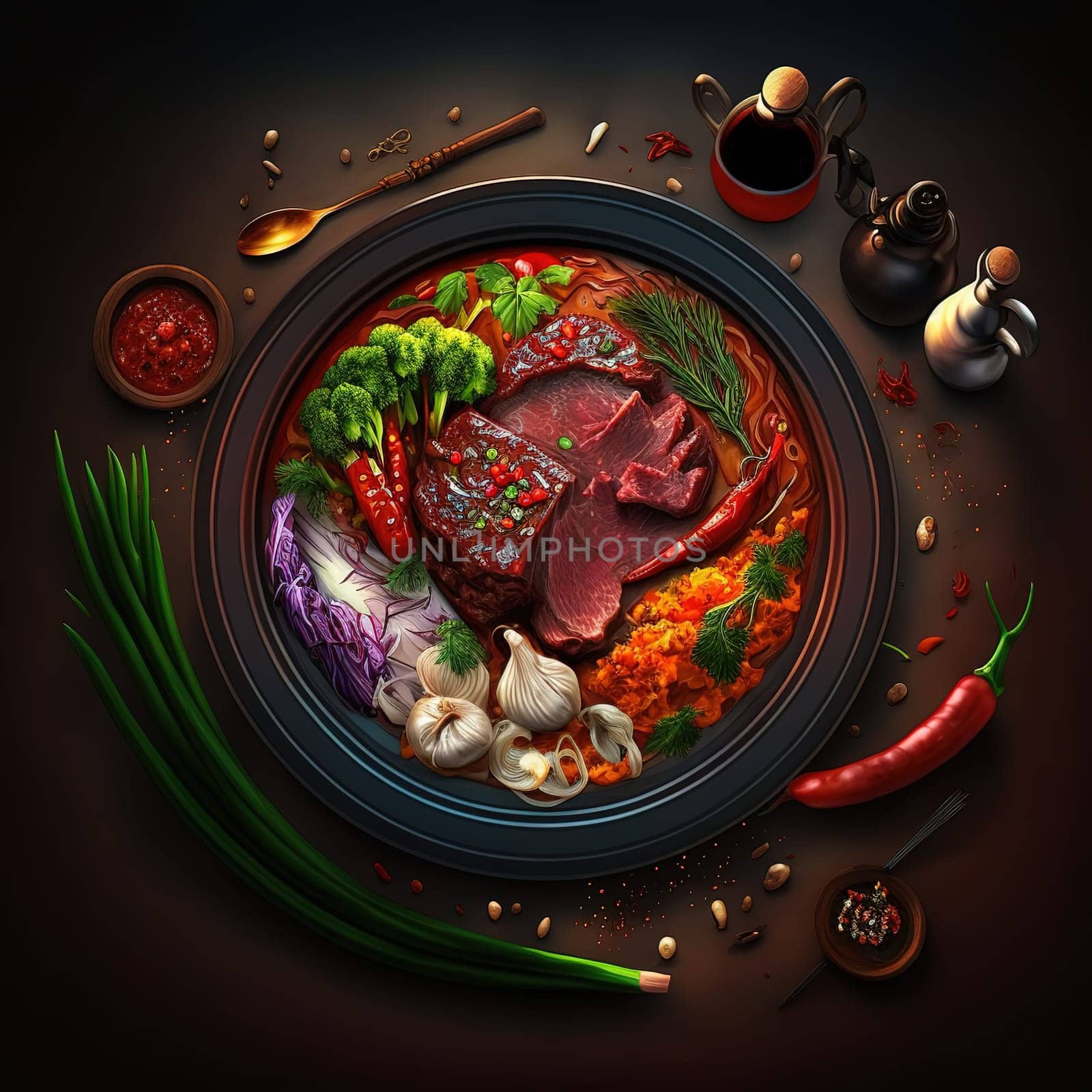This painting depicts Caldereta, the most popular dish in Andorra. It is a hearty stew made with meat, vegetables, and a spicy sauce. The image is generated with the use of an AI, which allows for a unique interpretation of this traditional Andorran food. The vibrant colors and intricate details showcase the rich cultural heritage of Andorran cuisine.