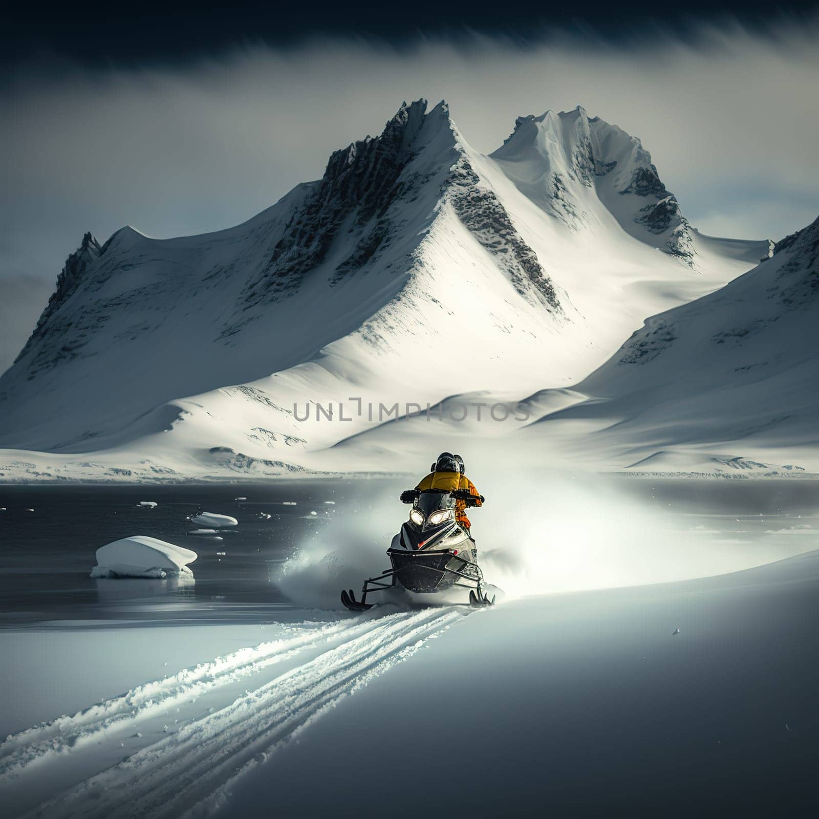 This painting depicts snowmobiles, one of the most popular motorized vehicles in Antarctica, used for transportation and exploring in the mountains and glaciers. The image is generated with the use of an AI, which allows for a unique interpretation of this traditional mode of transportation in Antarctica. The vibrant colors and intricate details showcase the rugged beauty and vastness of the Antarctic landscape and the importance of technology for exploring it.