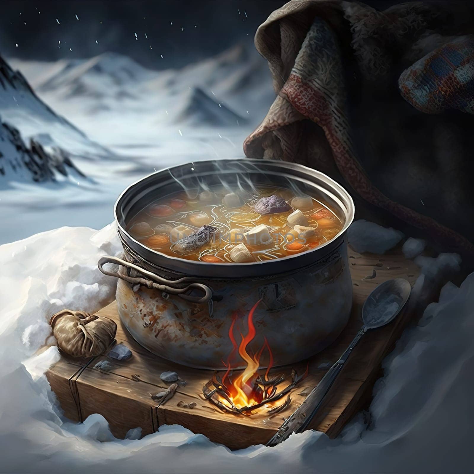 This painting depicts a warm and comforting dish, chicken soup with potatoes and onions, that can be easily prepared in Antarctica while on a short-term base or expedition. The image is generated with the use of an AI, which allows for a unique interpretation of this traditional dish. The vibrant colors and intricate details showcase the simplicity and nourishment of this classic comfort food.