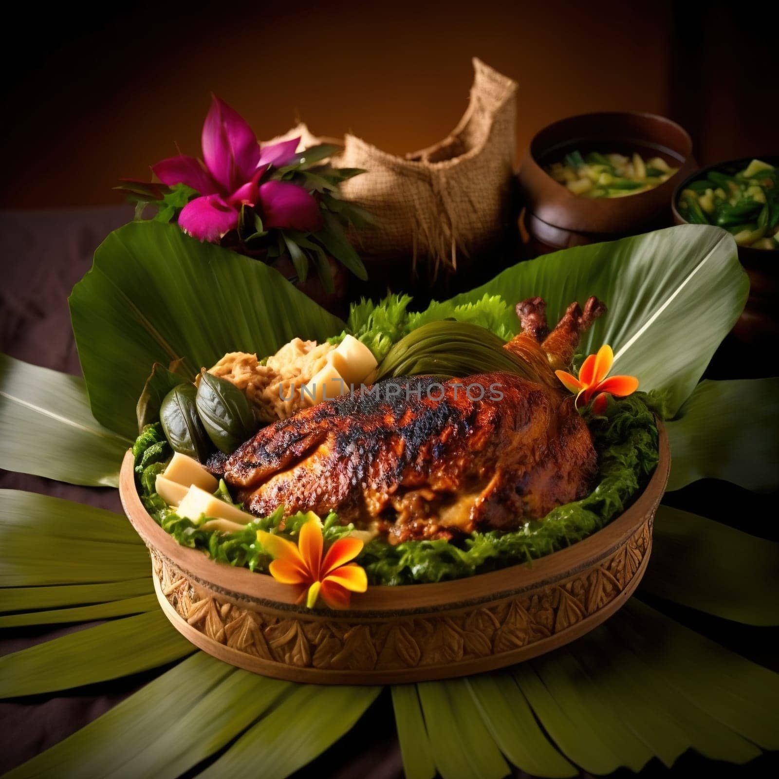 This painting depicts a traditional Samoan underground oven, known as an umu, surrounded by various foods being prepared for a feast. The image is generated with the use of an AI, which allows for a unique interpretation of this cultural tradition. The vibrant colors and intricate details showcase the blending of technology and tradition in modern society.