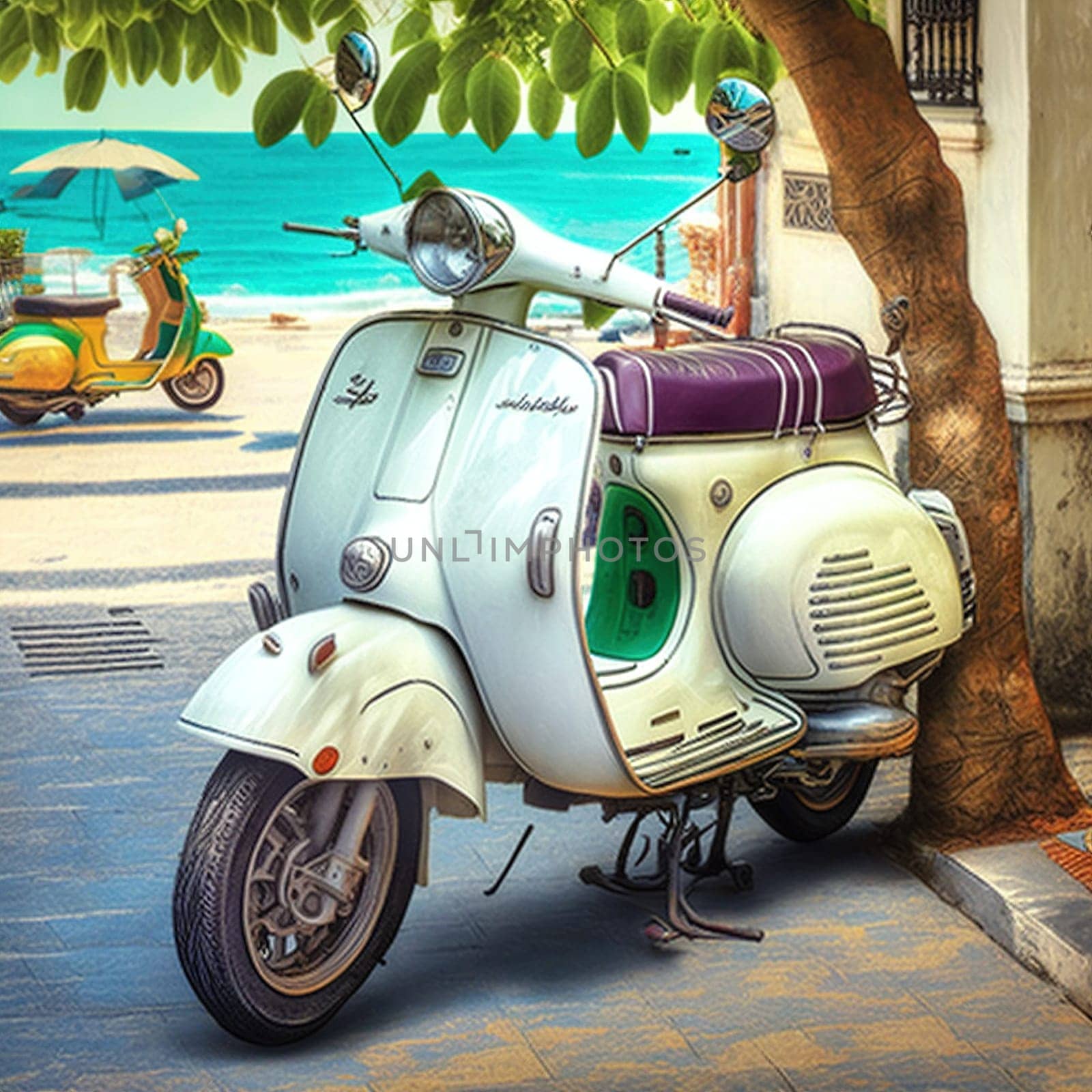 This painting captures the essence of scooter transportation in Anguilla, depicting a rider on a scooter enjoying the island's scenic routes. The use of bright colors and dynamic composition convey the freedom and joy of exploring the island on a scooter. The image is generated with the use of AI.