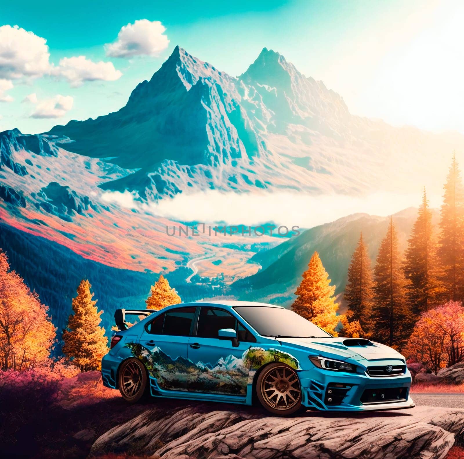 This image captures the beauty of a mountain landscape with a Subaru Impreza WRX STI in the foreground. The car is shown in a dynamic pose, adding a sense of action and adventure to the scene. The mountains in the background are majestic and awe-inspiring, with their peaks rising high into the sky. The colors of the image are vibrant and the details are sharp, making this a truly stunning visual experience. The Subaru Impreza WRX STI is a powerful and capable vehicle that is perfectly at home in this rugged and beautiful landscape.