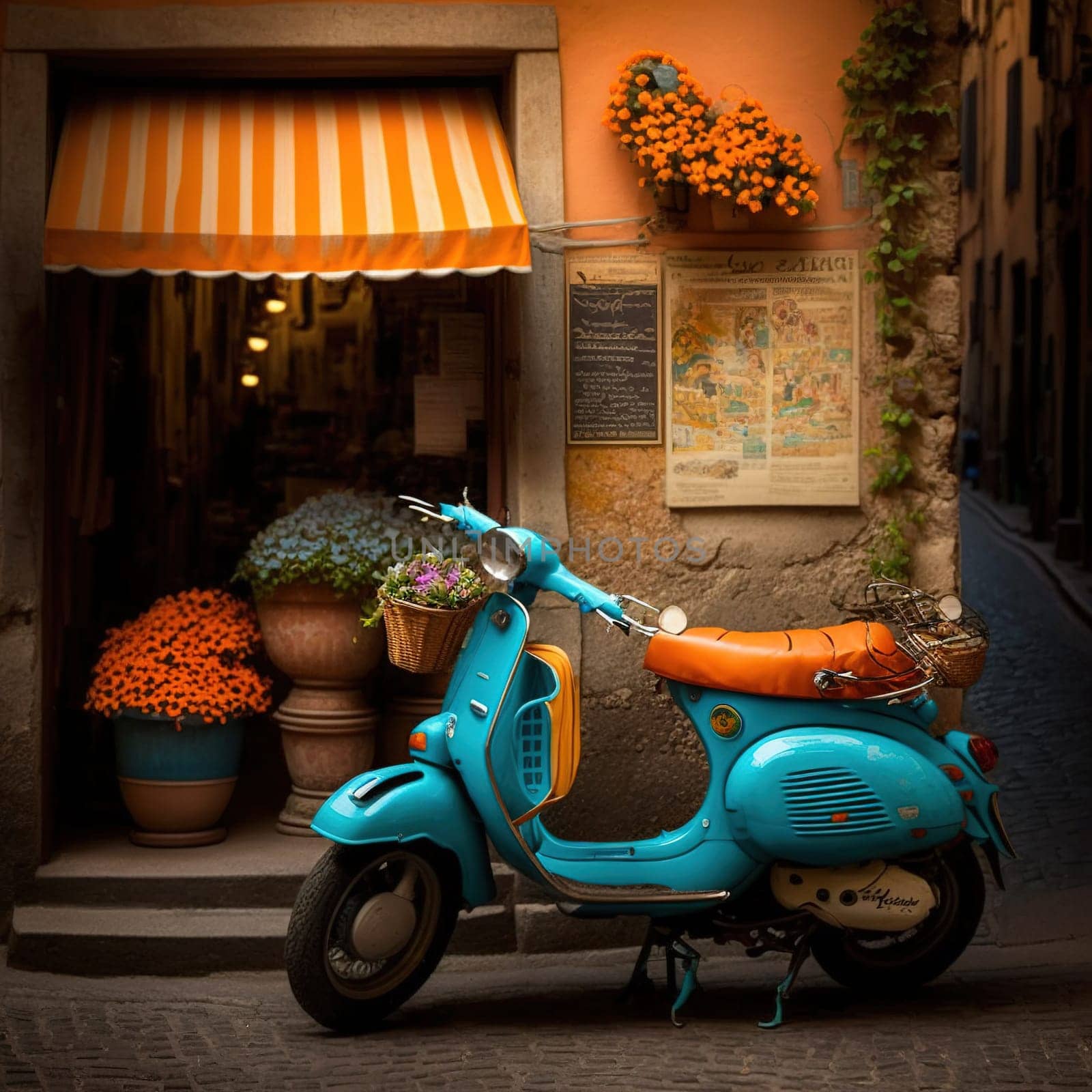A beautiful photograph of a Vespa motorcycle parked in front of a picturesque Venetian canal. The image captures the charming, vintage aesthetic of the Vespa and the romantic atmosphere of Venice, Italy. The colors and composition of the photograph create a sense of nostalgia and highlight the beauty of the iconic Italian vehicle and the city.