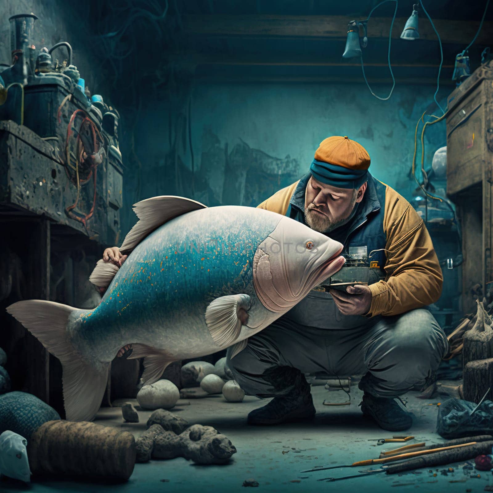 This abstract painting captures the essence of a fish repair workshop, where the fish are fixed and prepared for sale. The painting is a visual representation of the activity that takes place in the workshop, with its chaotic and dynamic elements. It is an interpretation of the subject, with the use of expressive brushstrokes, vibrant colors and an abstract form to create movement and depth.