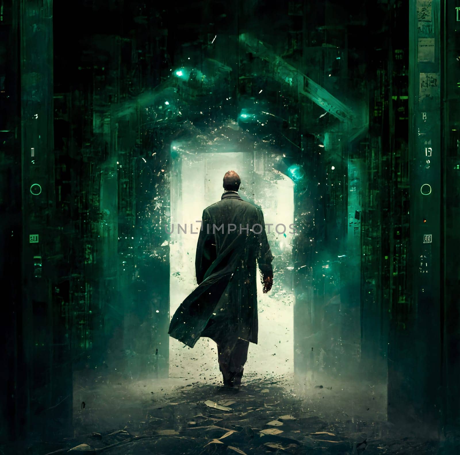 The painting is a visualization of the moment when the main character is freed from the power of the matrix and returns to the real world. The painting depicts an unexpected and mysterious world, where technology and human destinies are intertwined in one space.