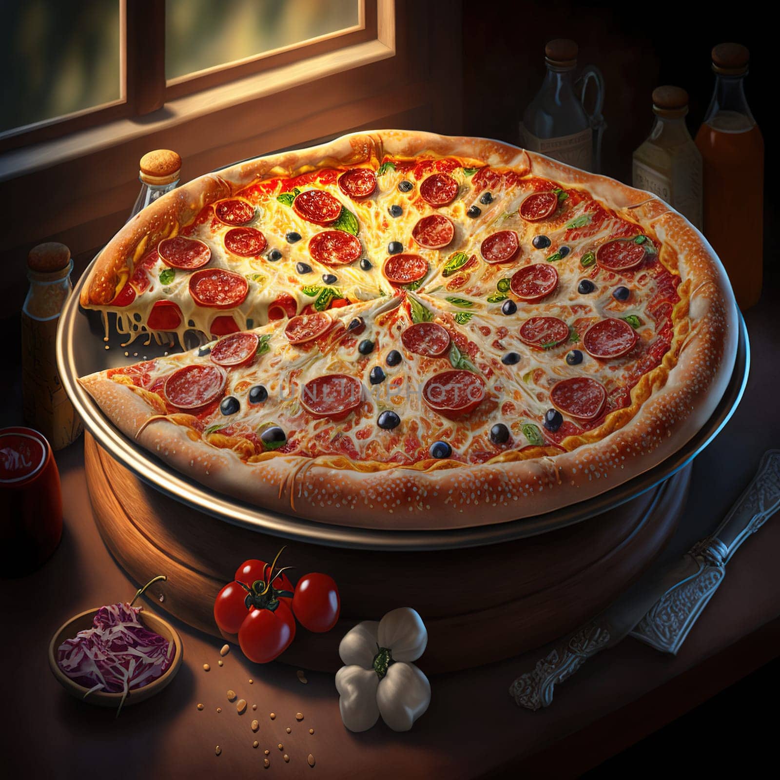 A beautiful photograph of a delicious and inviting slice of pepperoni pizza. The image captures the vibrant colors, textures, and flavors of the classic Italian dish, making it appetizing to look at. The photograph is an ode to the traditional pizza, showcasing its simplicity, authenticity, and its popularity worldwide.
