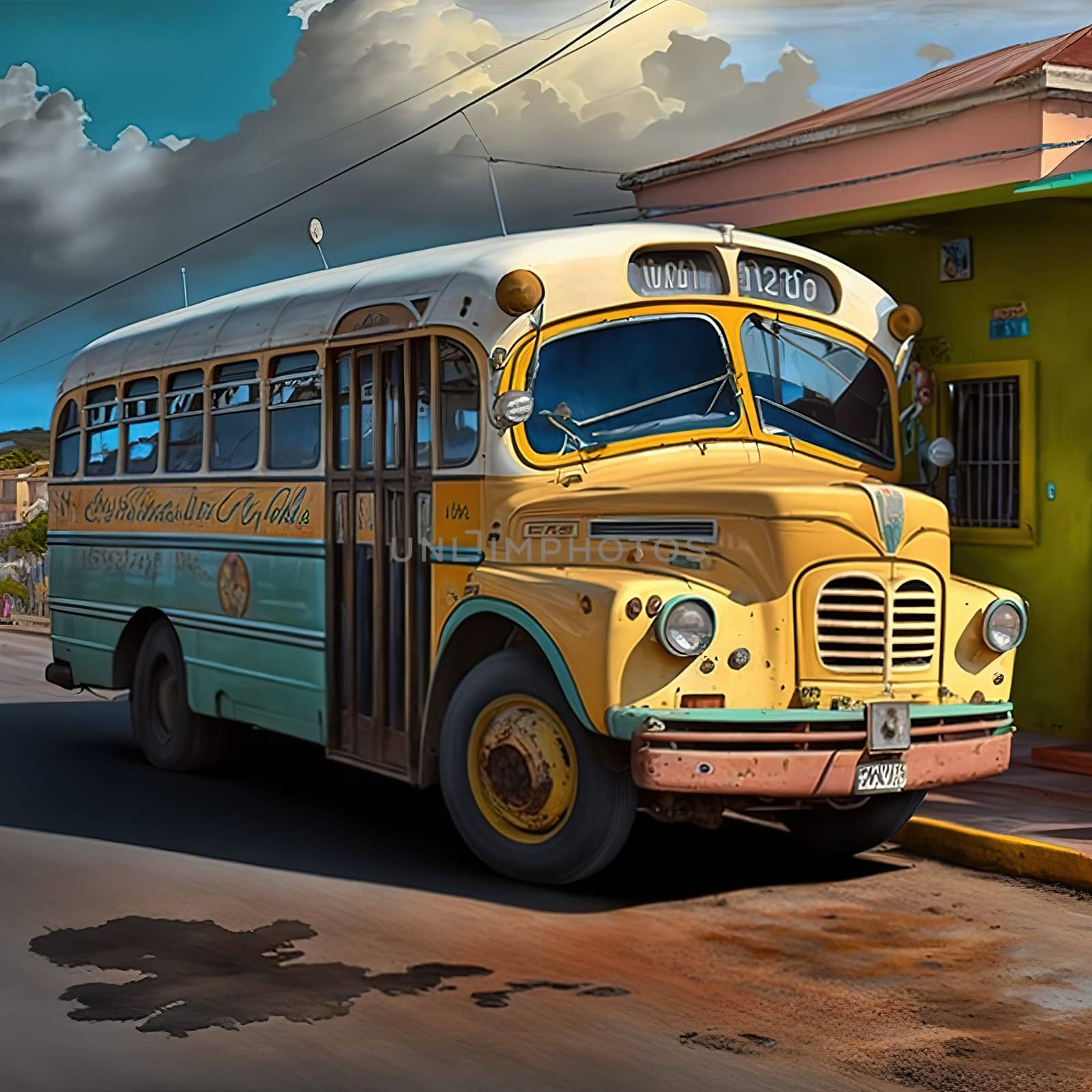 The painting depicts a bus on the road, the main mode of transportation in Antigua and Barbuda, used to transport people on the island's main routes. The image is generated with the use of an AI.