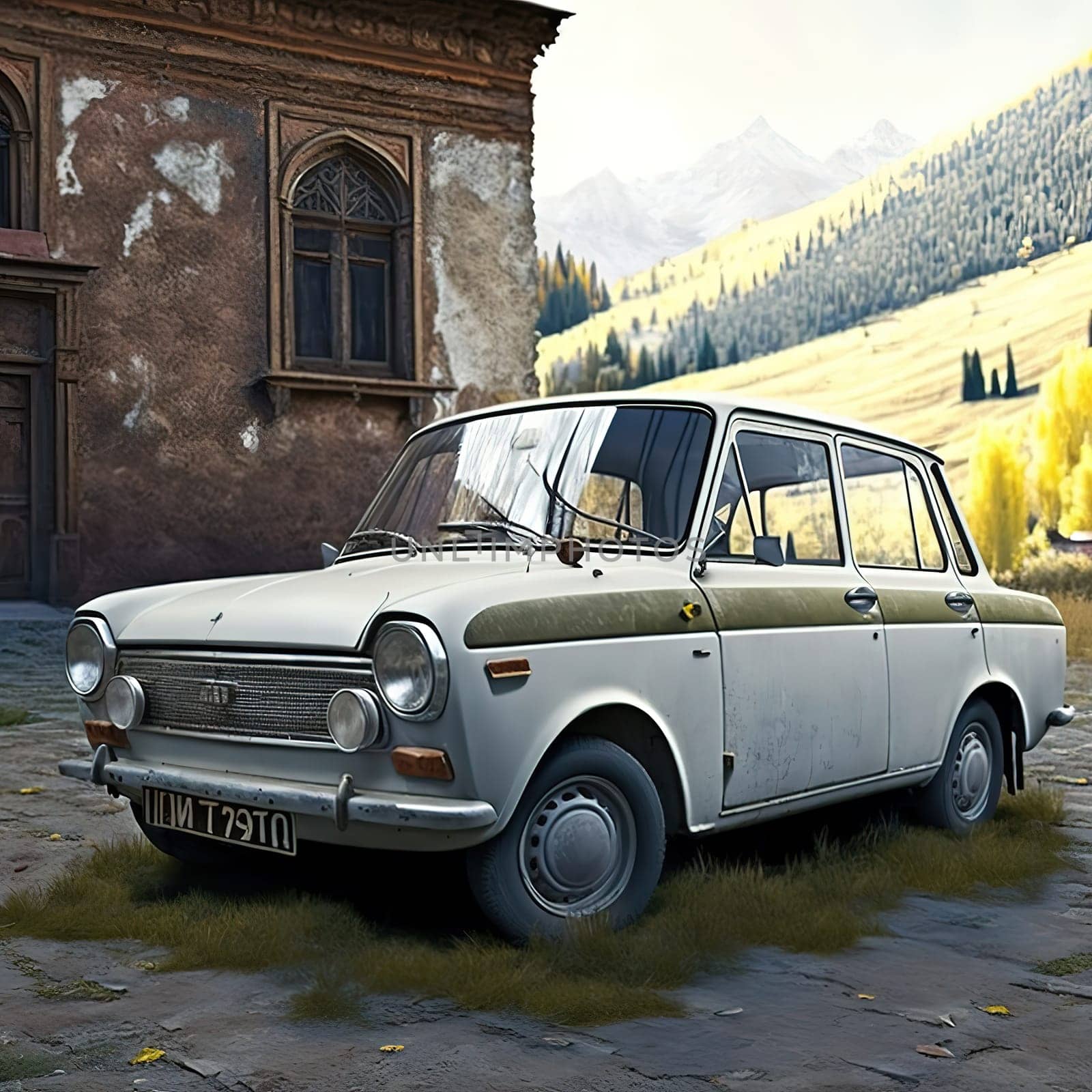 The painting captures the iconic VAZ car, a symbol of Armenia's industrial heritage. The car is depicted against a backdrop of the picturesque Armenian landscape. The image is generated with the use of an AI