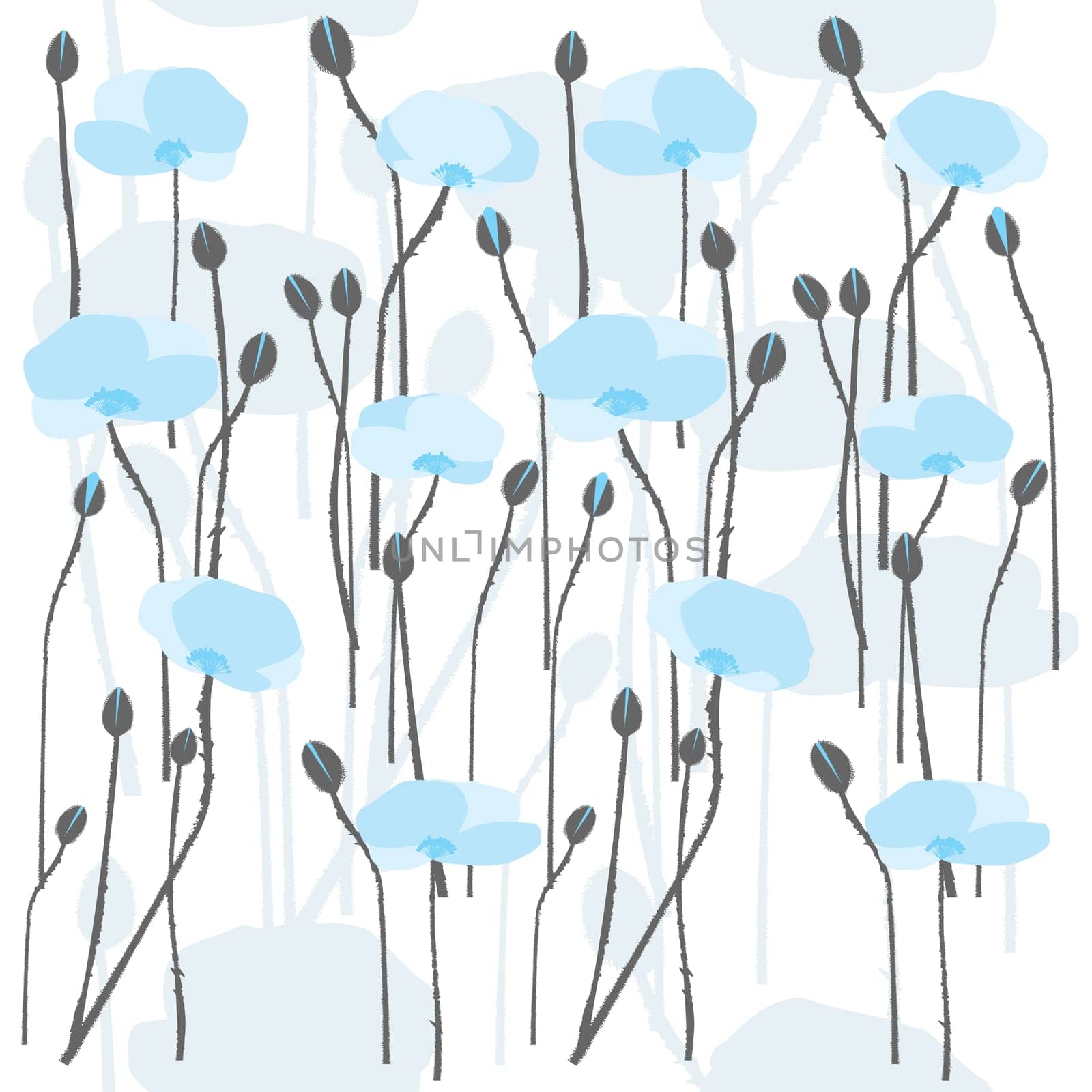 Blue poppies flowers field. Delicate floral seamless pattern.