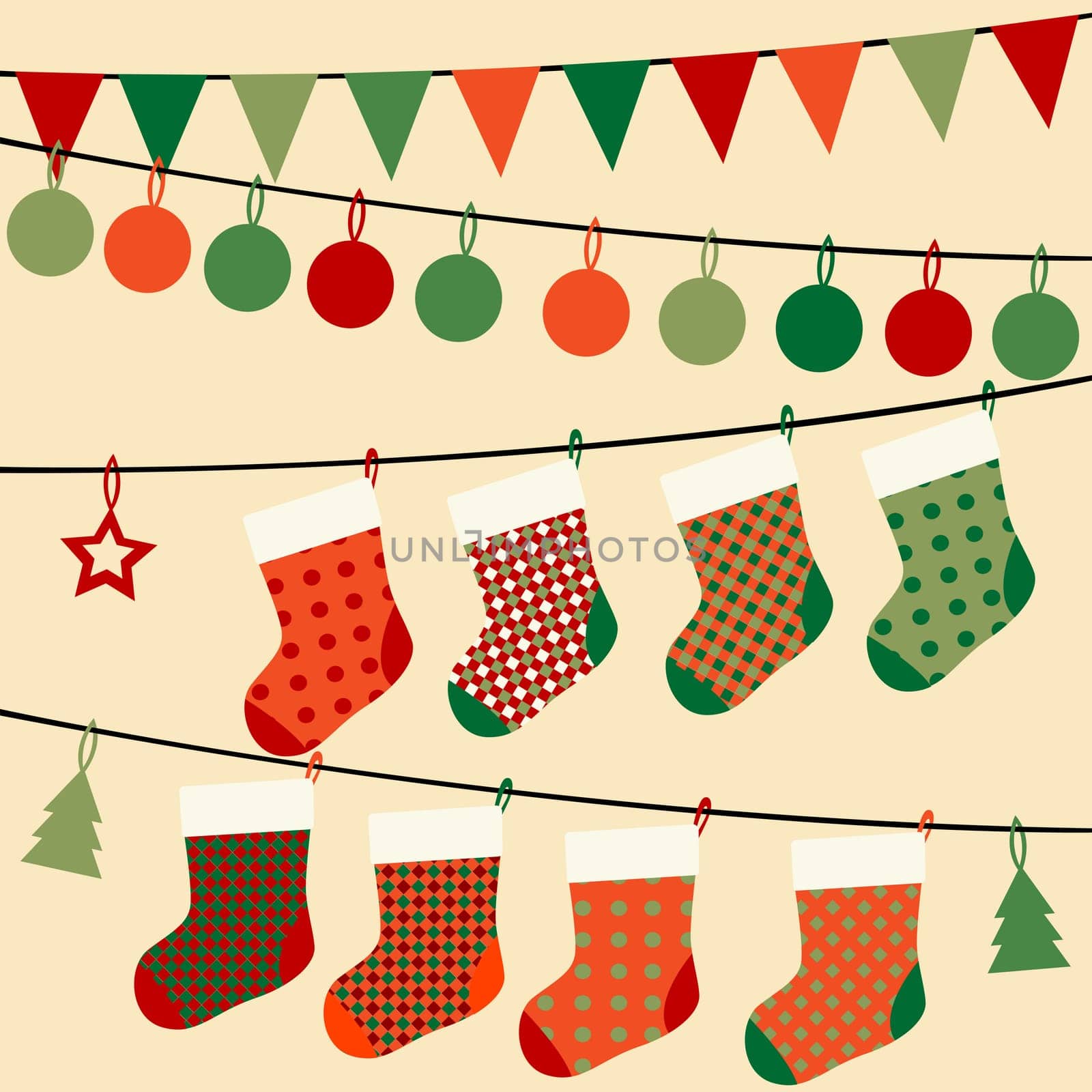 Christmas card with bunting and garlands, socks , flags and Christmas balls hanging