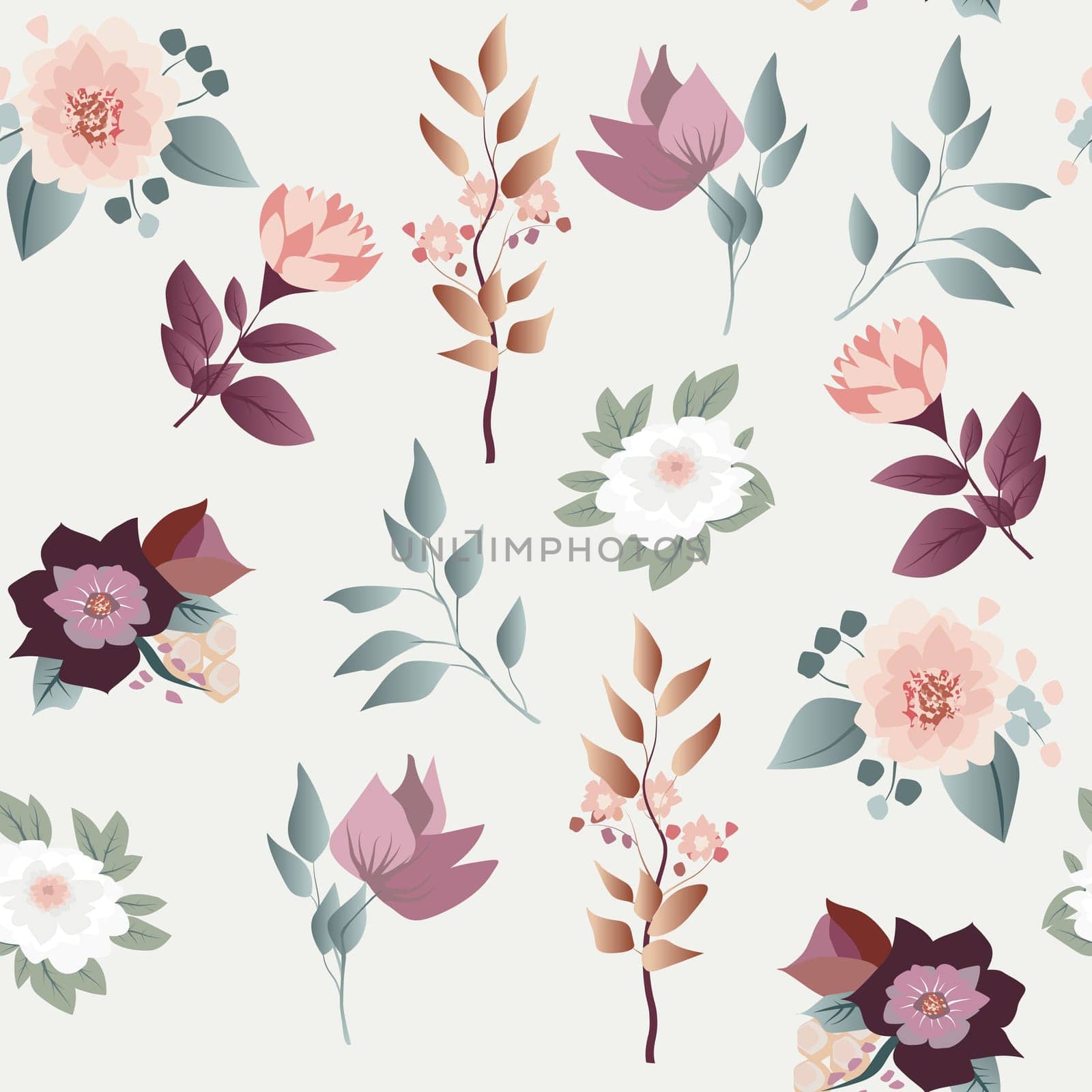 Seamless pattern with spring flowers and leaves in pastel colors