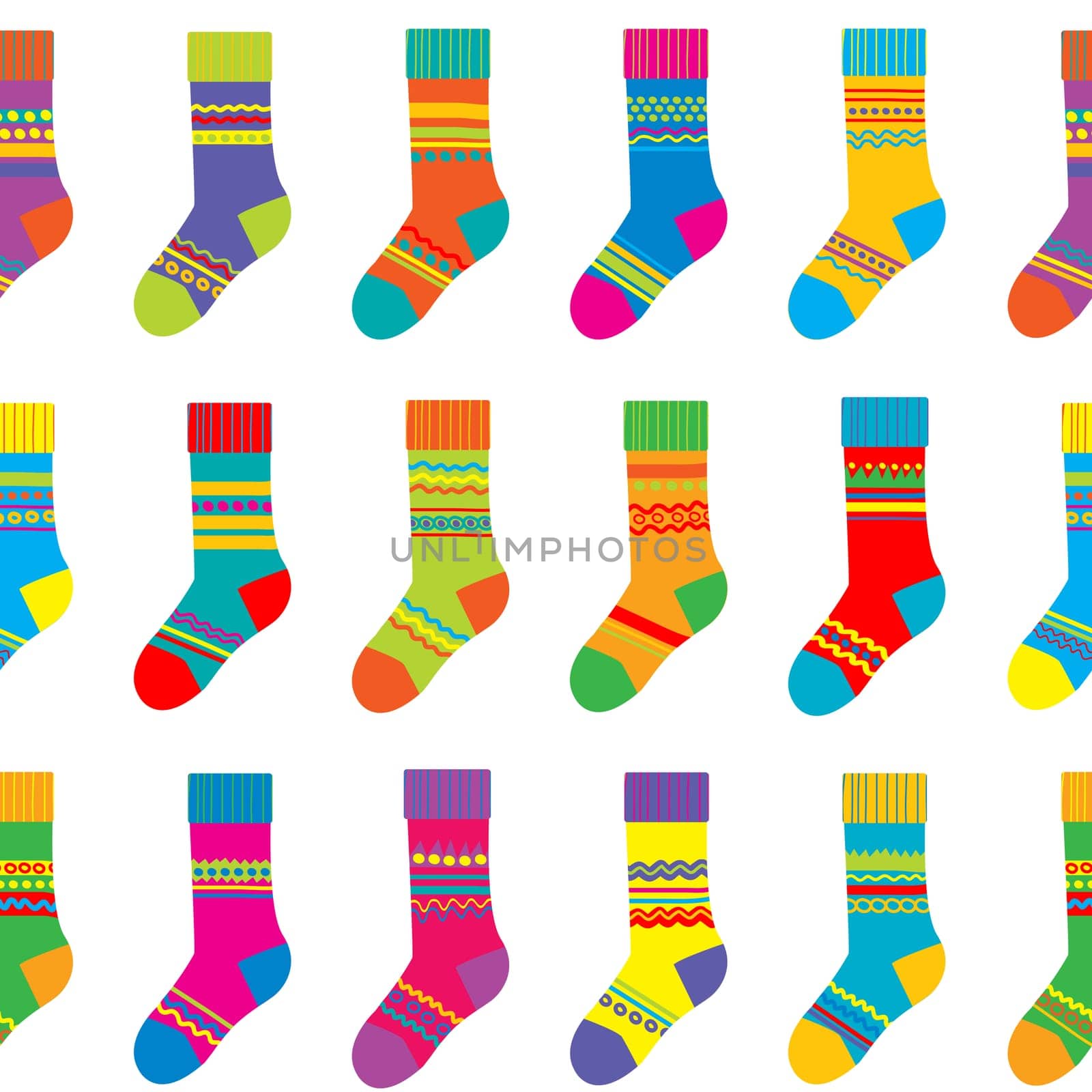 Collection of multi-colored socks with stripes. Seamless pattern of socks in row