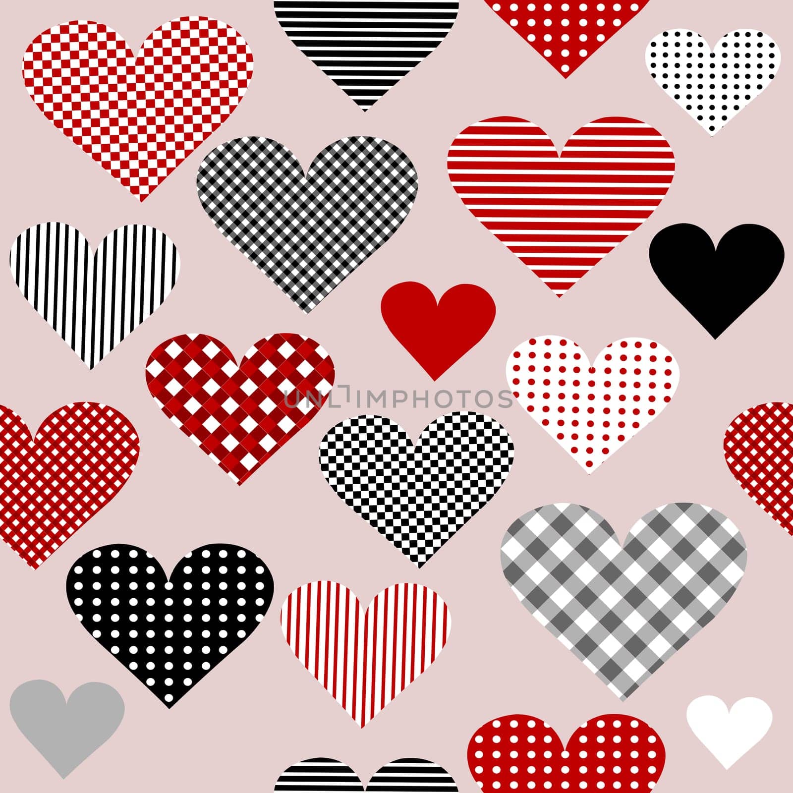 Seamless pattern with patterned hearts in geometrical shapes