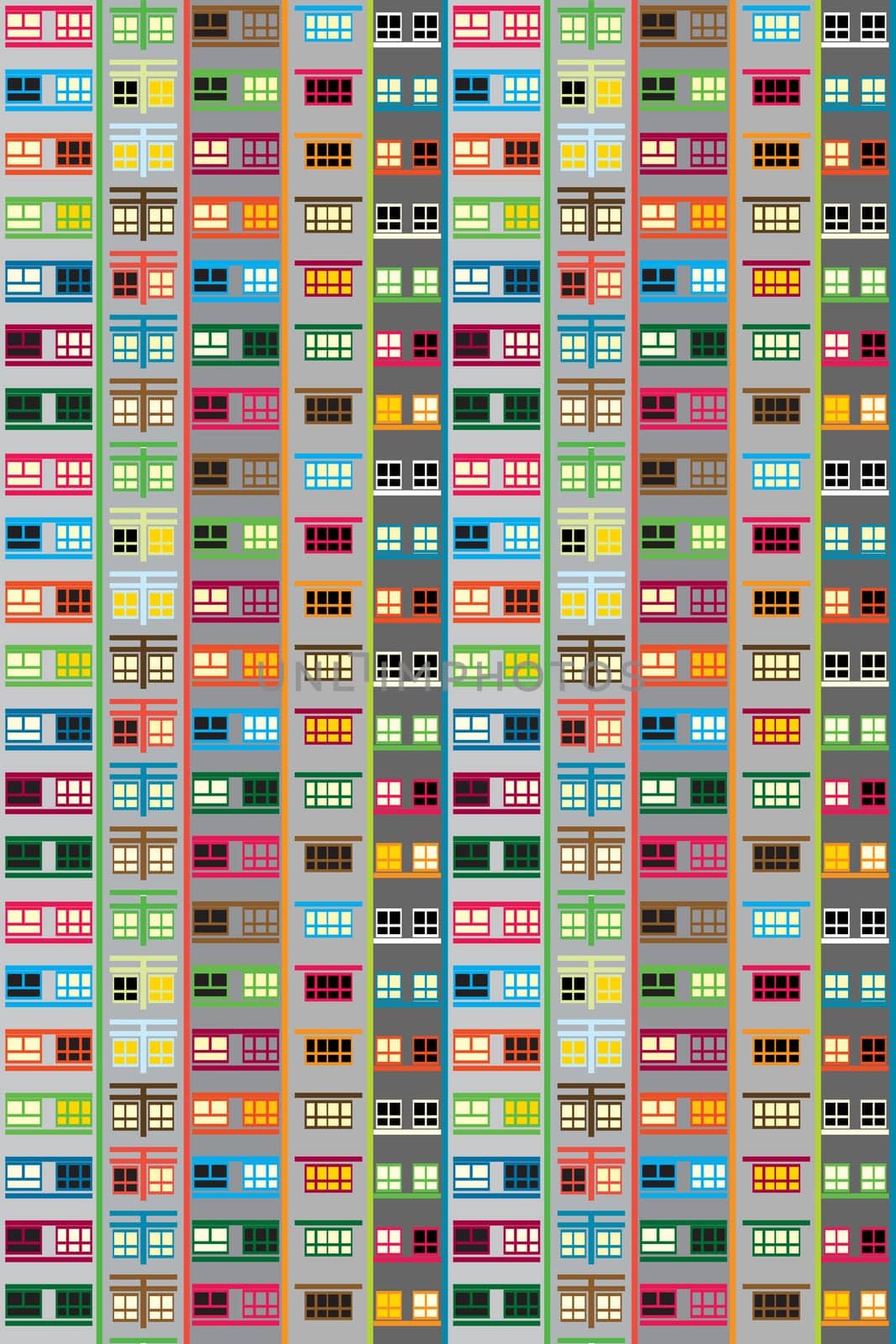Urban residential building seamless pattern with multicolored facade full of windows in the night