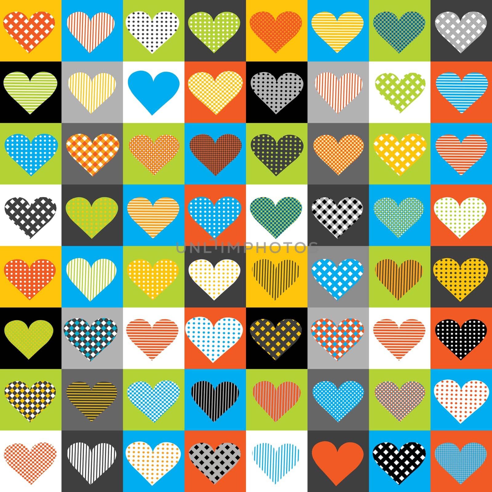 Happy Valentines day background with hearts. Square composition with love symbol in polka dots  stripe and tablecloth pattern