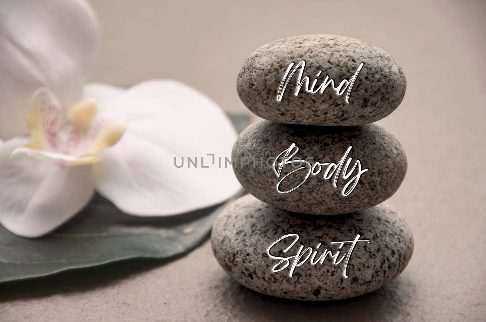 Mind, Body and Soul words engraved on zen stones with space for text.