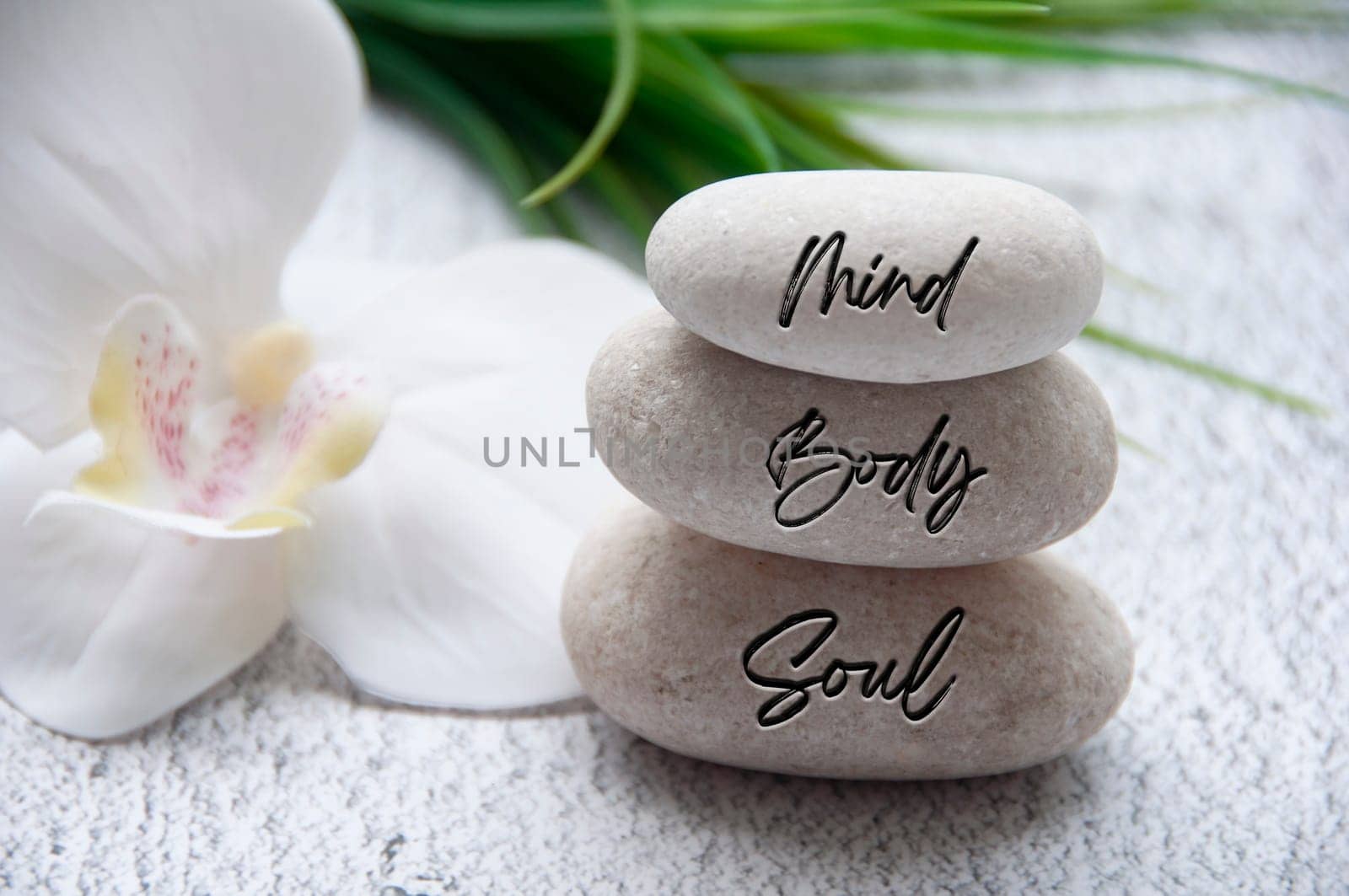 Mind, Body and Soul words engraved on zen stones with space for text. Health life concept.